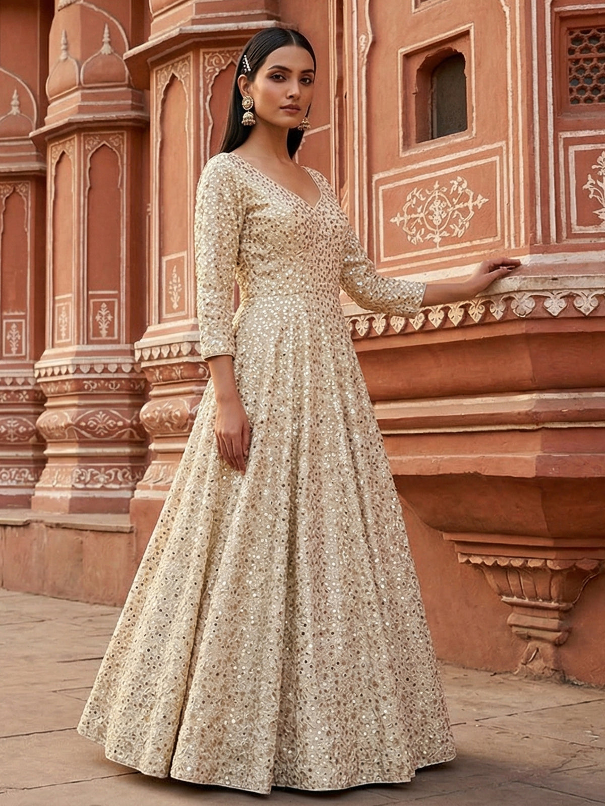 Cream silk anarkali suit with traditional festive charm
