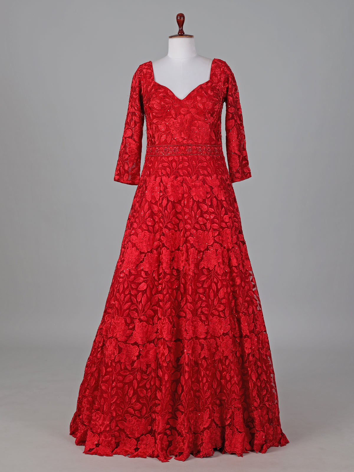 Red net anarkali suit with intricate zardosi elegance