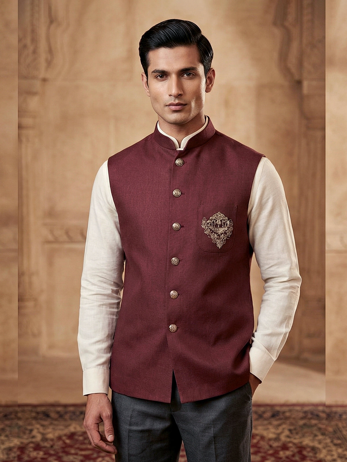 Classy maroon cotton silk patch work waistcoat