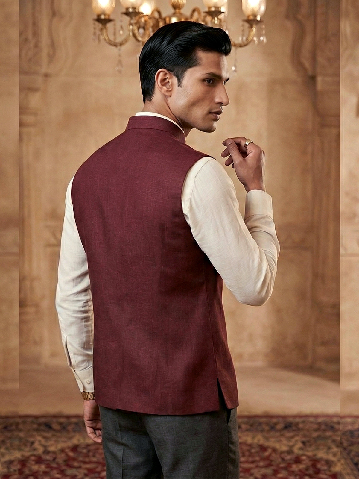 Classy maroon cotton silk patch work waistcoat