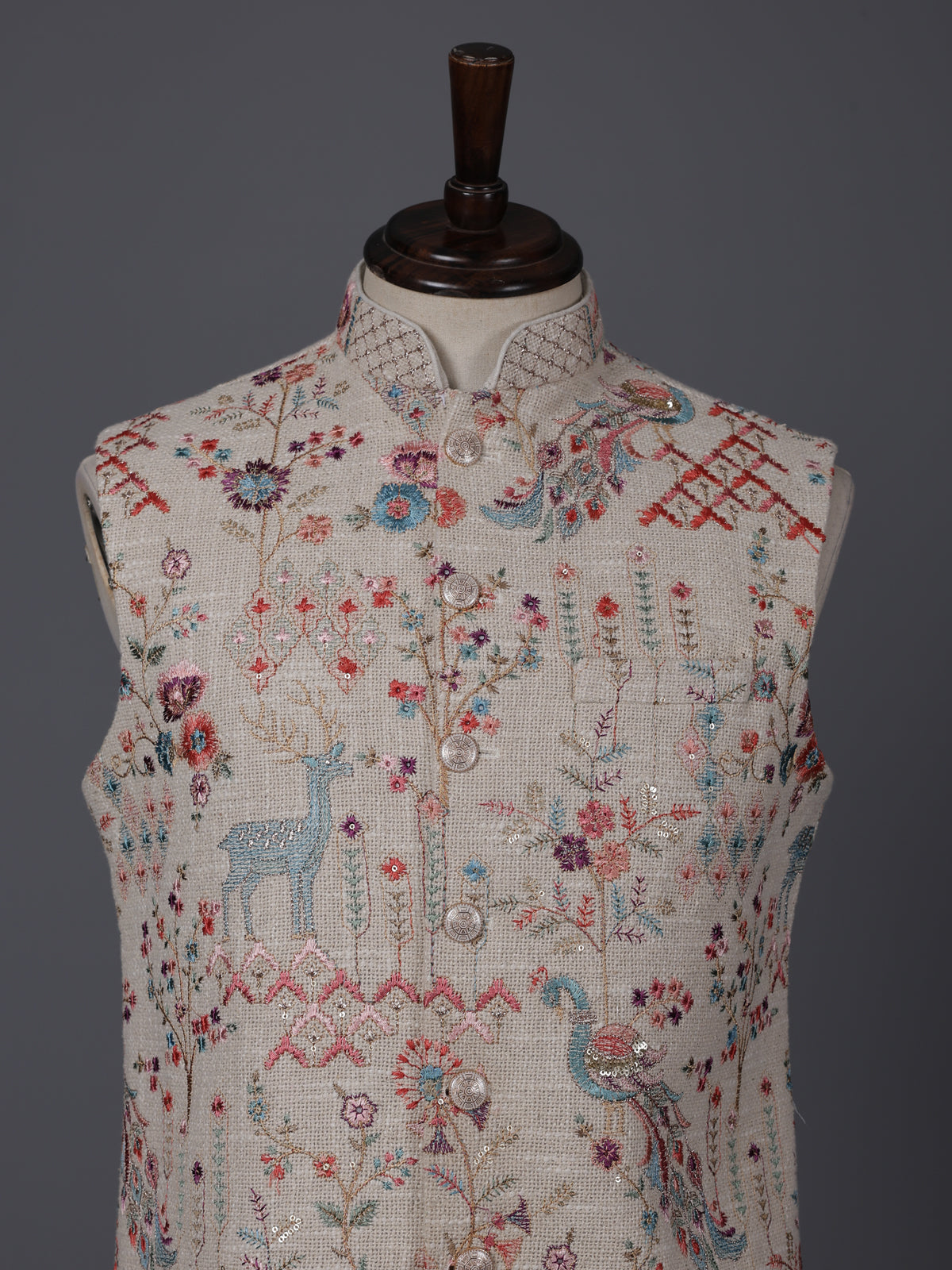 Beige embroidery jute waistcoat