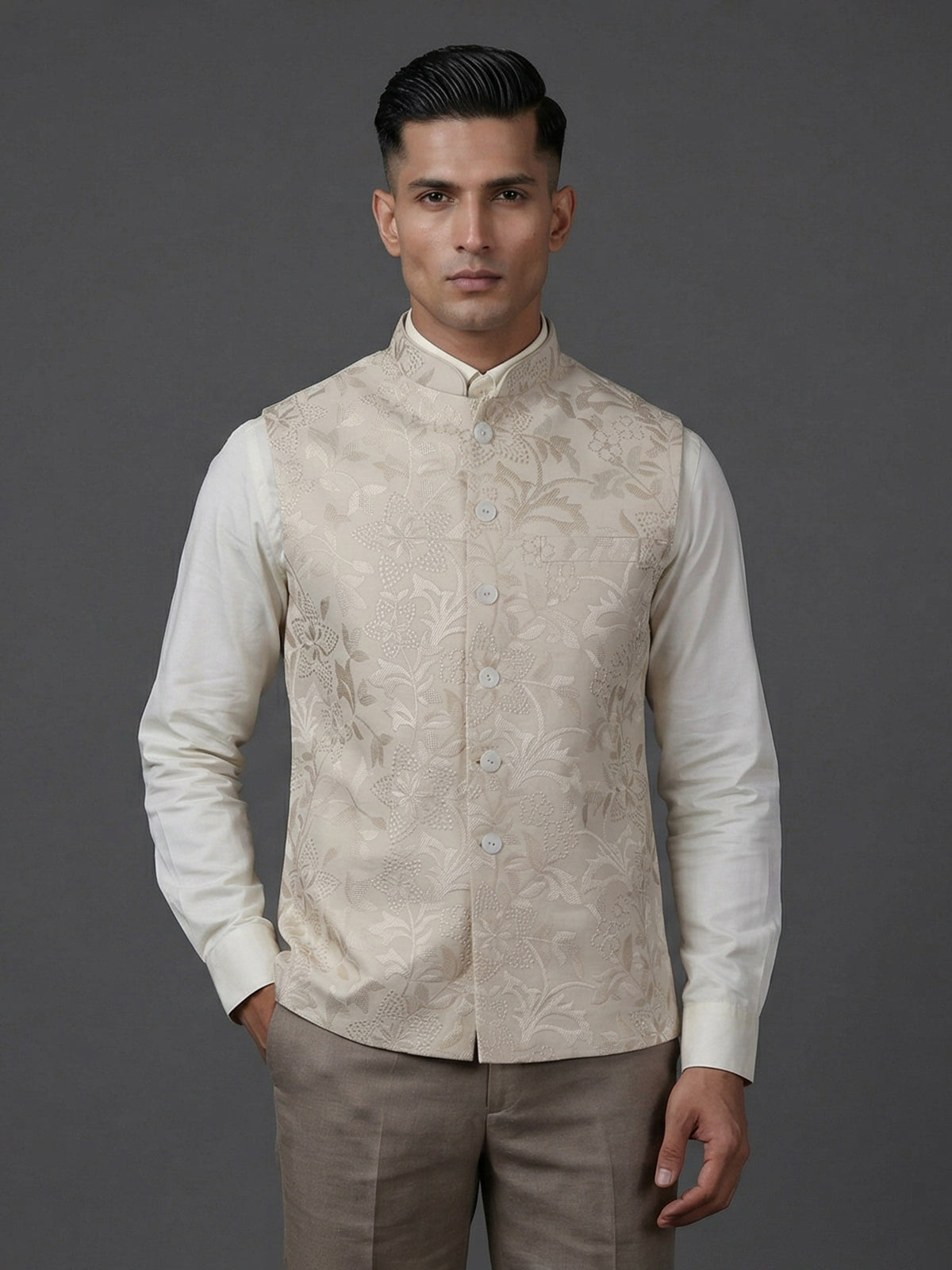 Latest cream silk embroidery waistcoat
