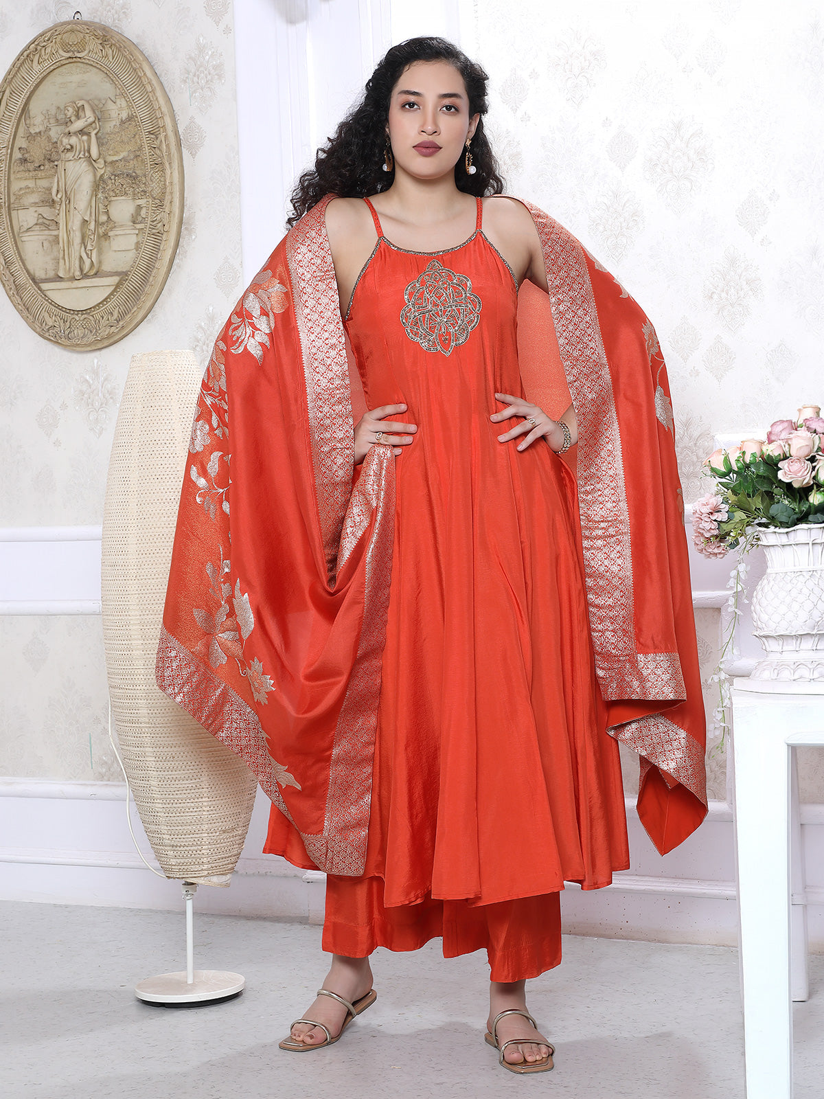Orange silk sleeveless festive kurti palazzo set with dupatta