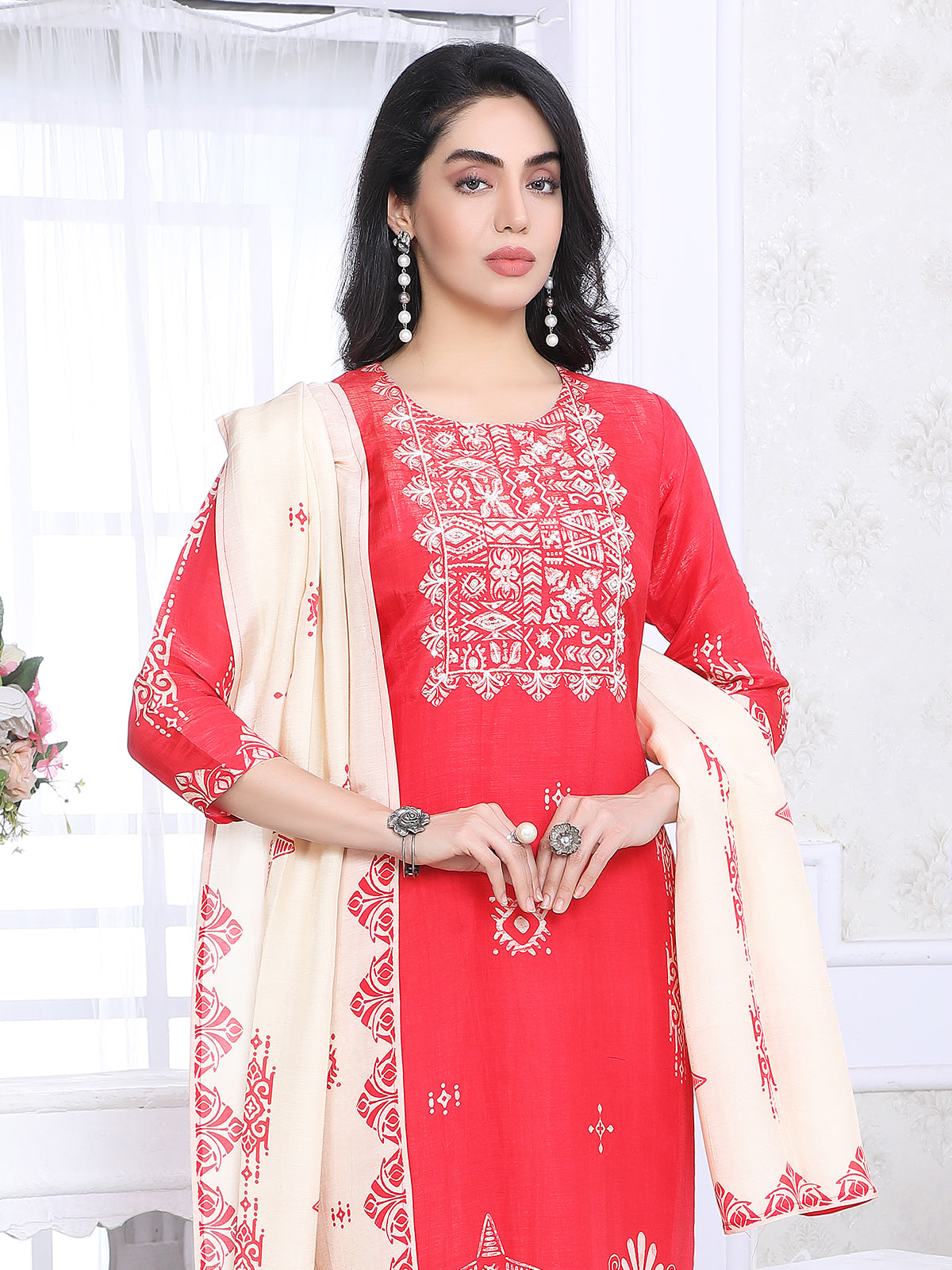 Reddish pink silk printed yoke style festive kurti set