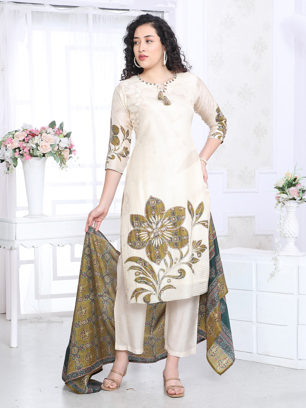 Off white silk printed festive kurti set with dupatta