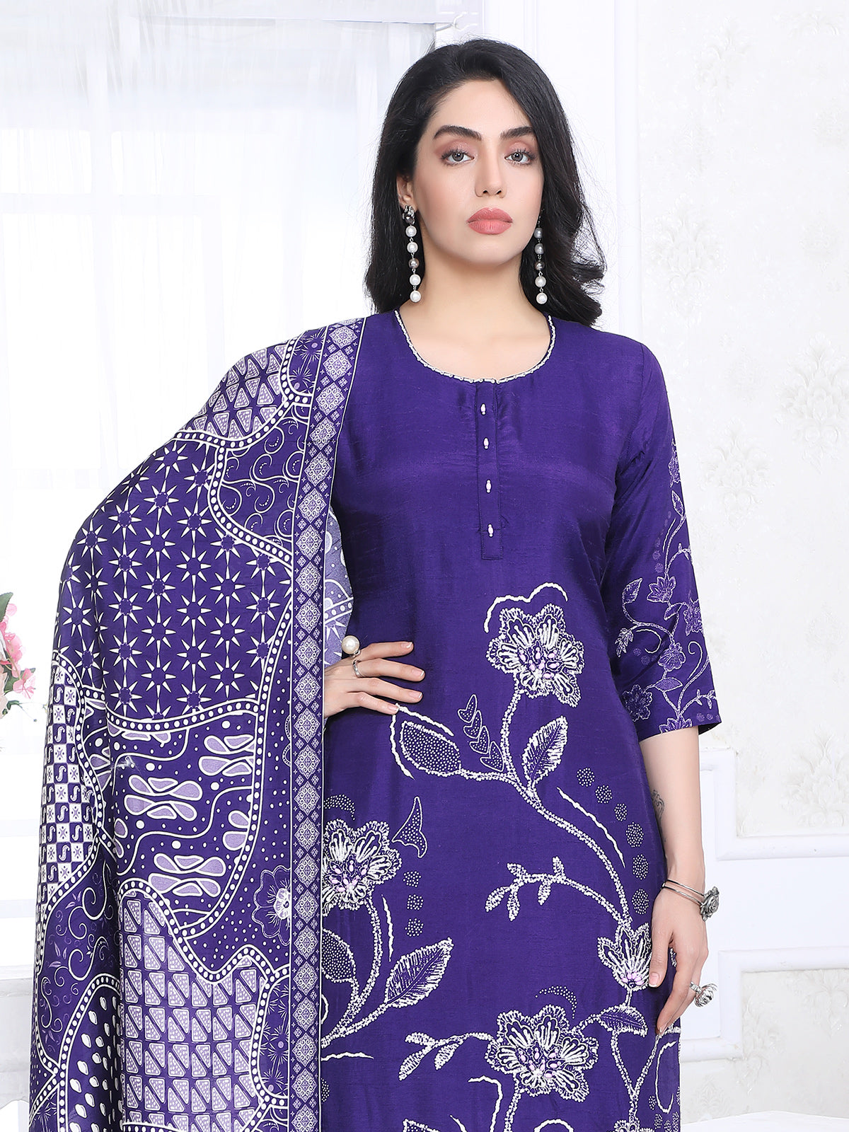Purple silk printed festive kurti set with dupatta