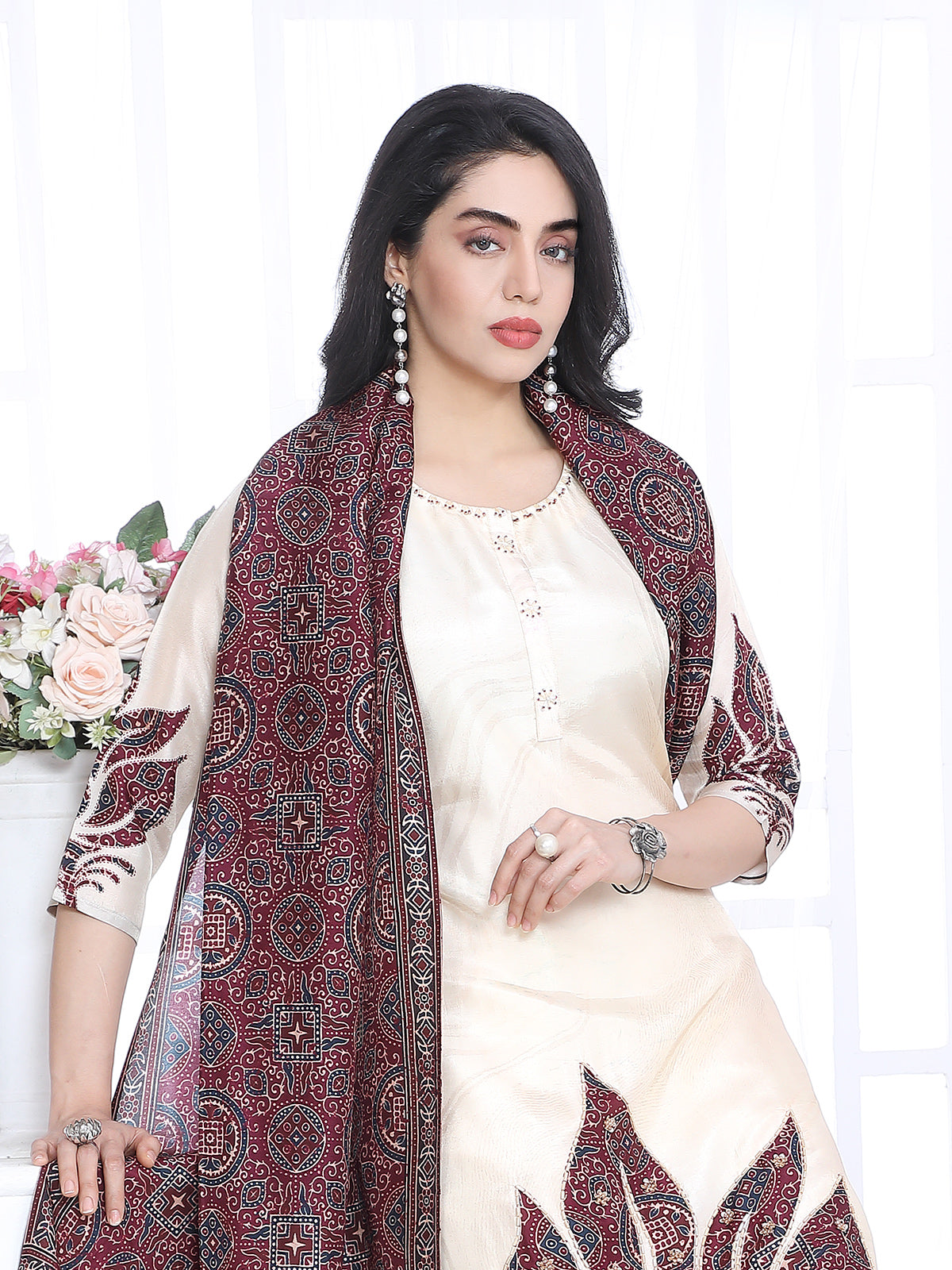 Off white silk printed festive kurti set for women festive wear