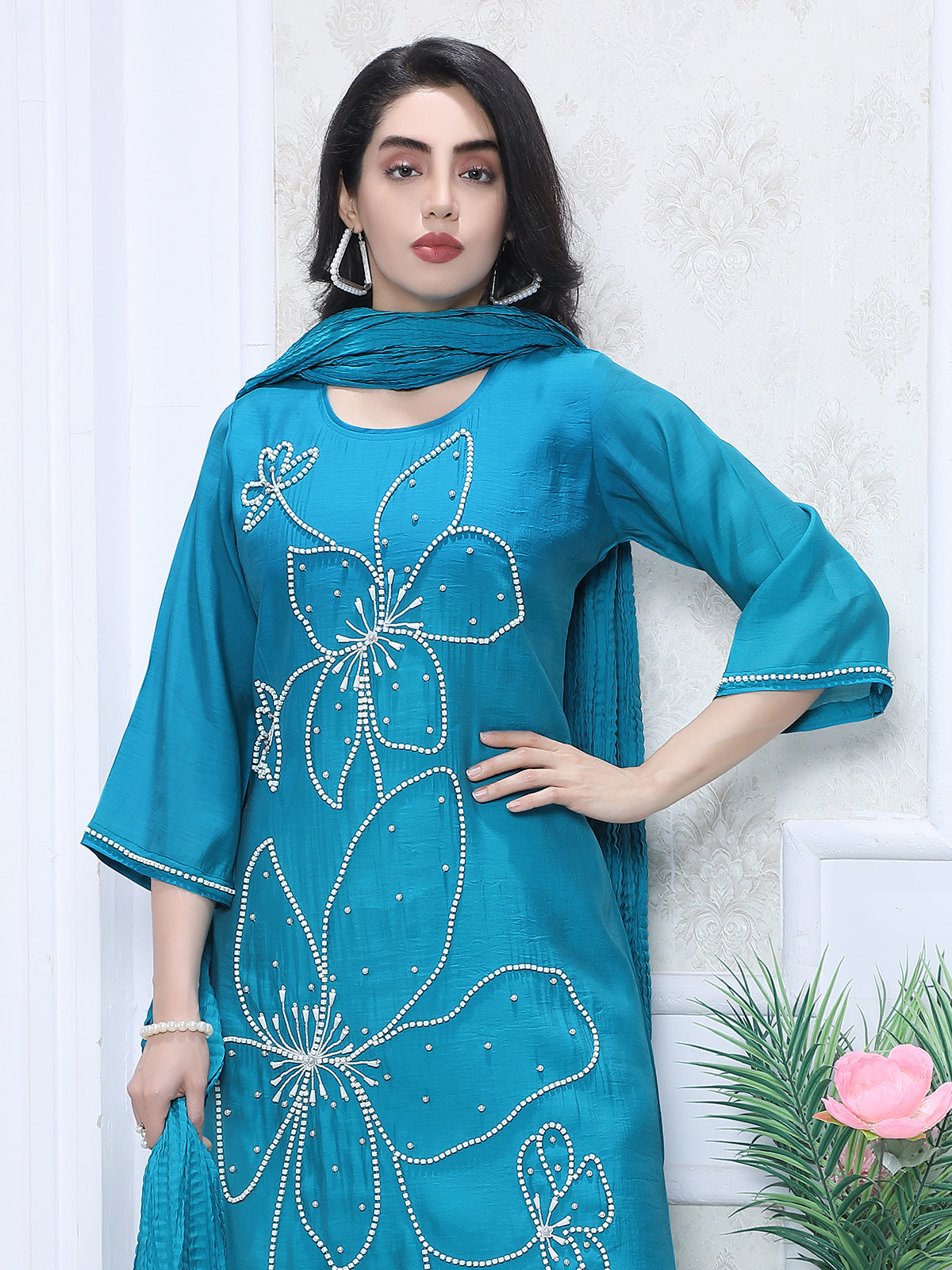 Blue silk straight cut kurti set festive elegance