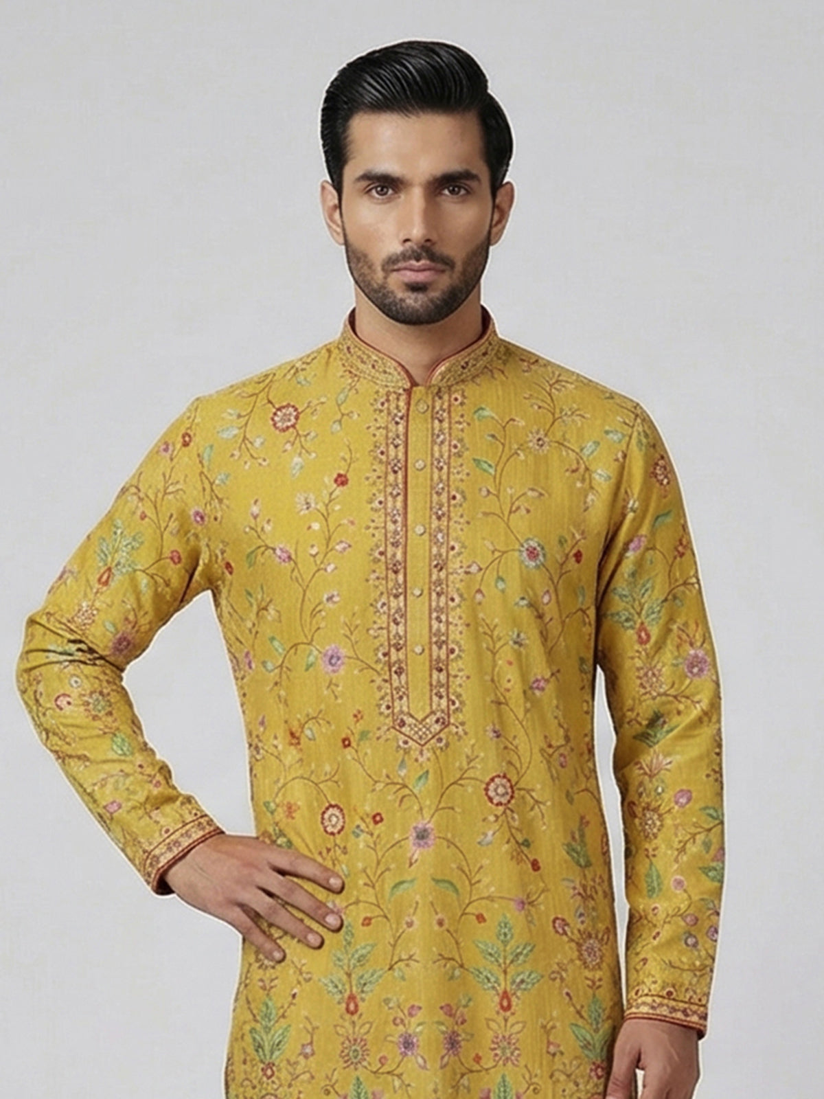 Yellow silk floral embroidered haldi special kurta suit