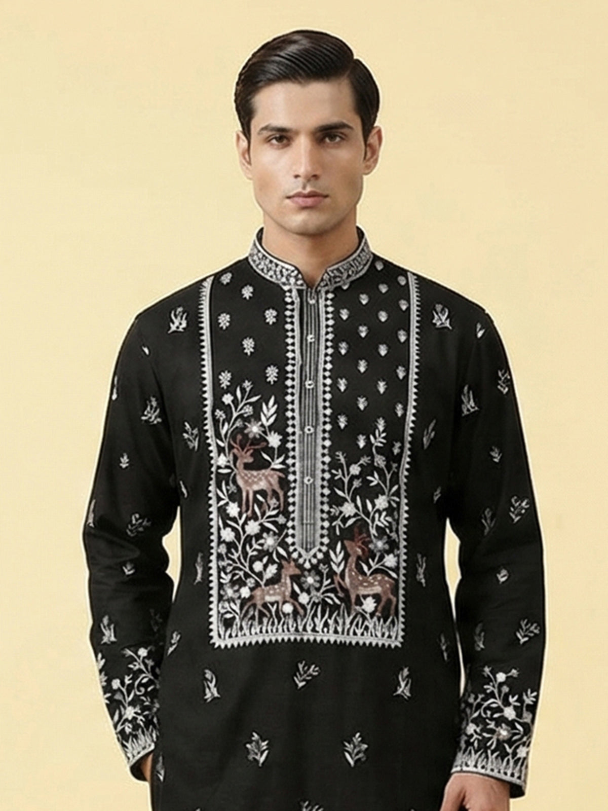 Black silk embroidered work festive mandarin collar kurta suit