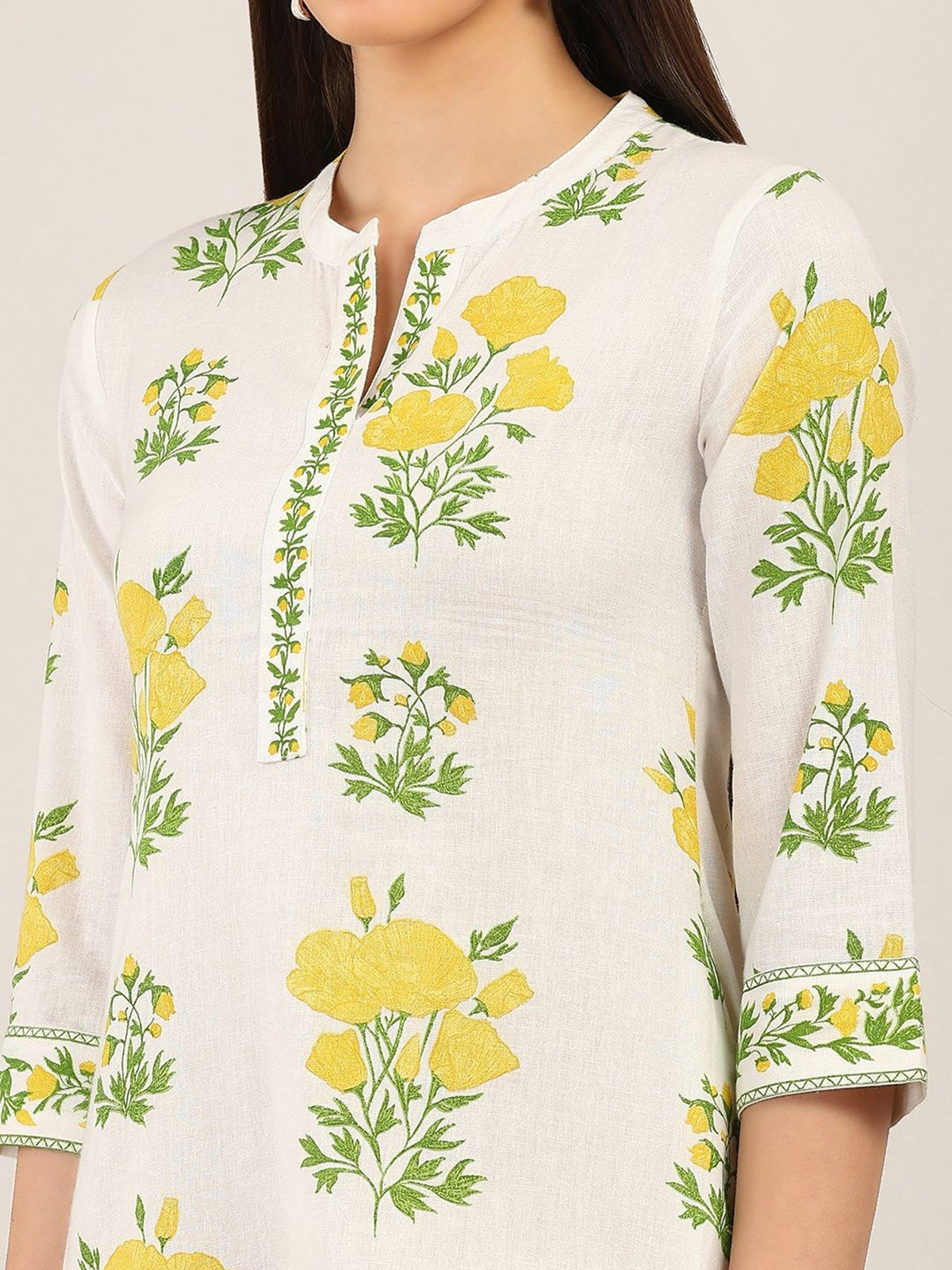 Off white cotton floral printed kurti set with collar