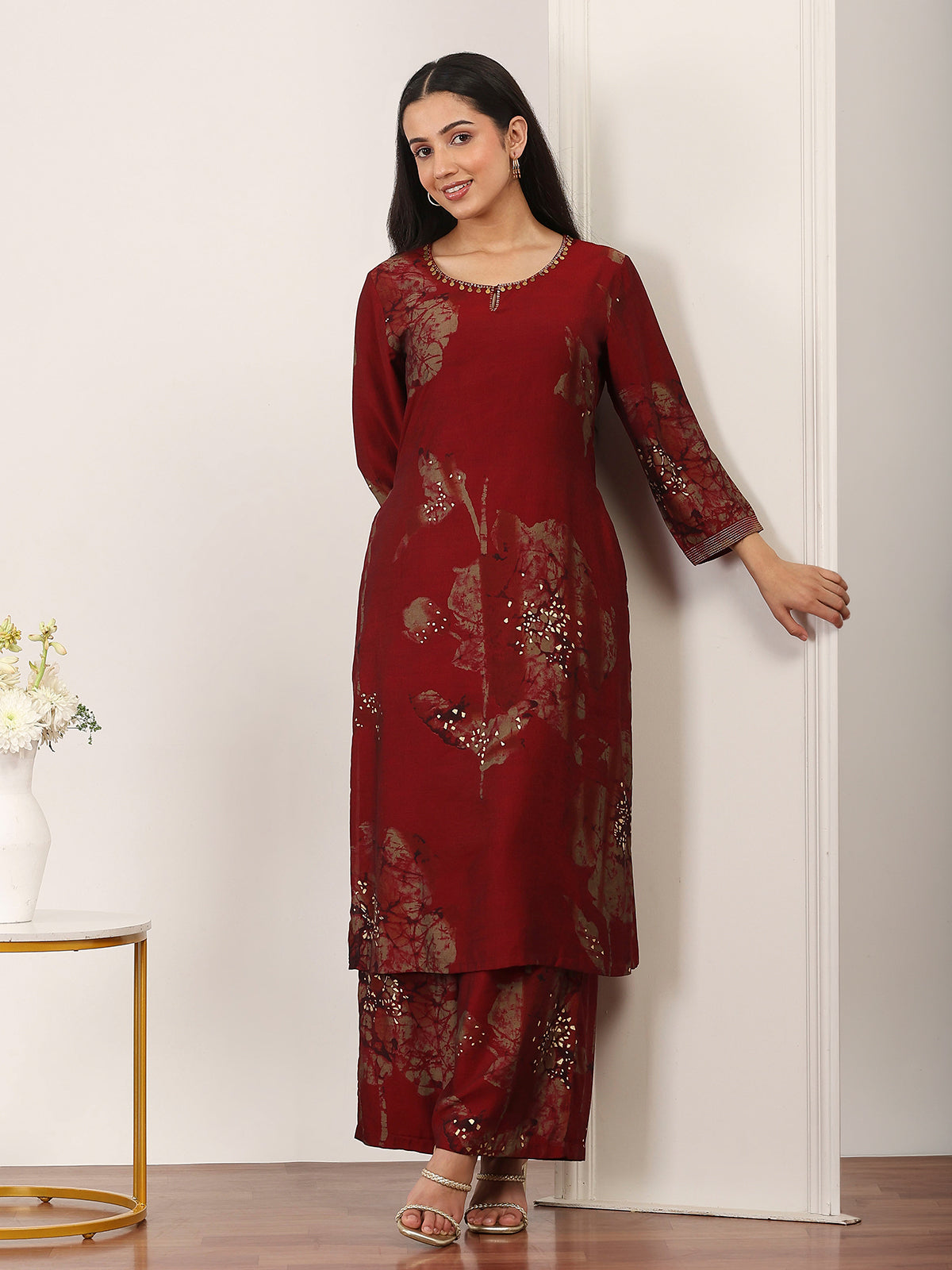 Maroon cotton silk printed kurti palazzo set elegance