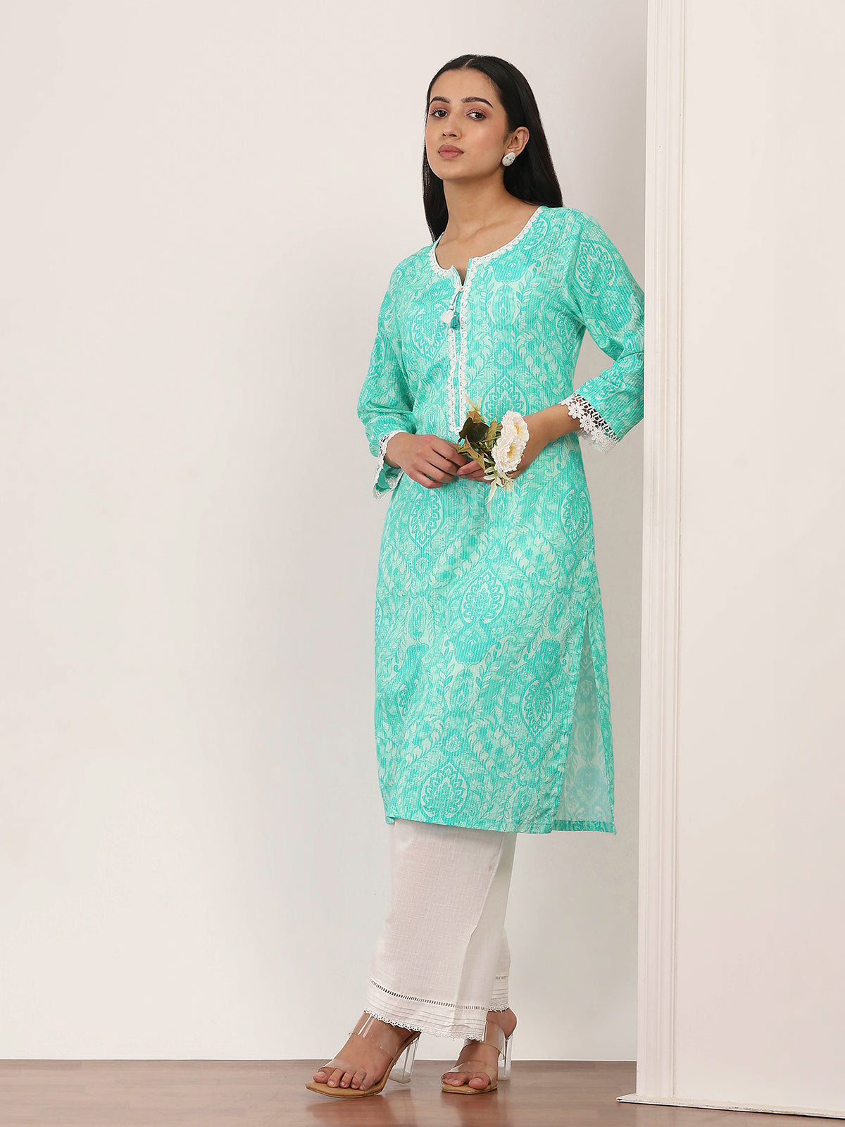 Mint green cotton printed casual kurti daily wear