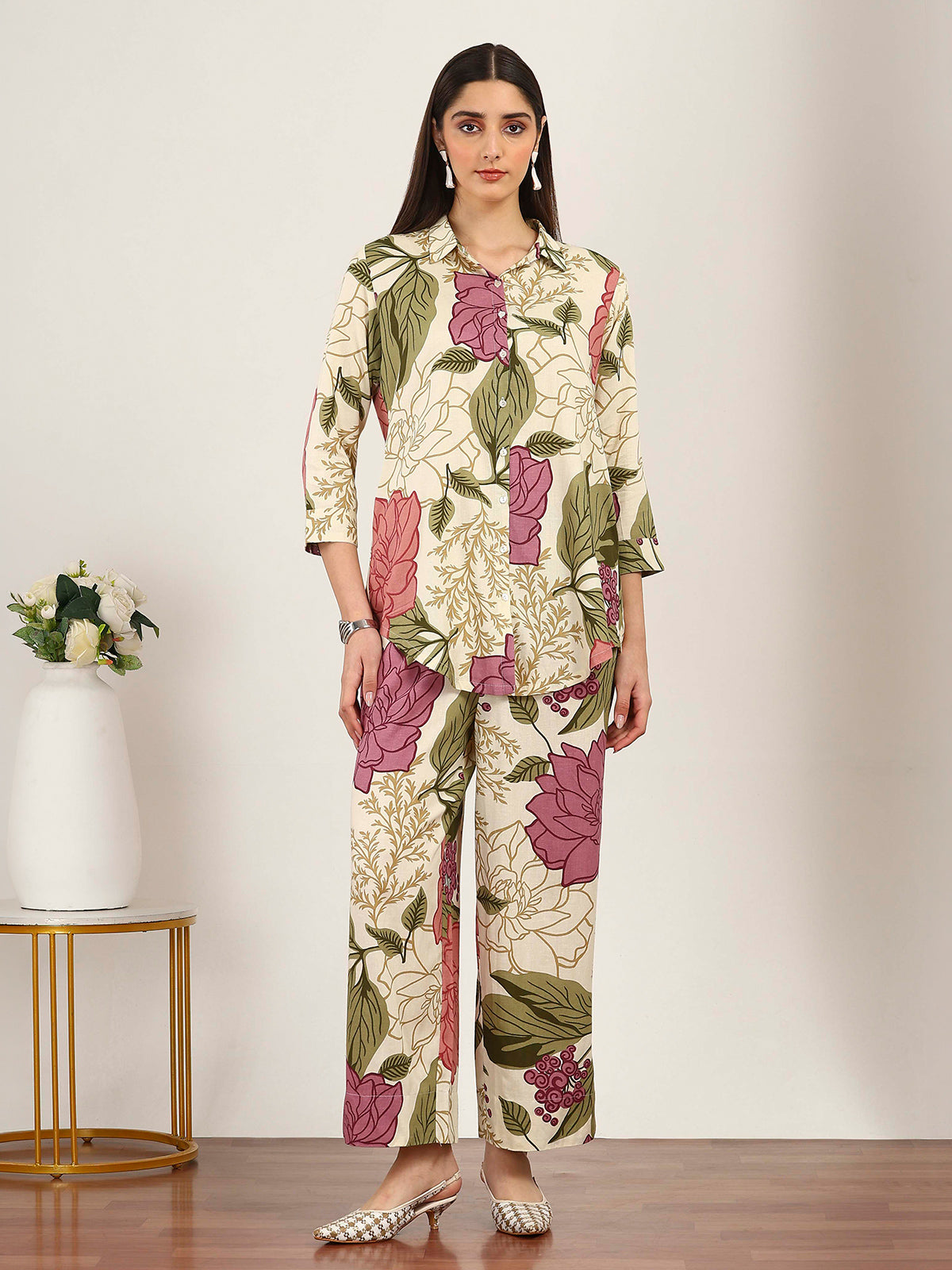 Cream cotton silk floral printed collar neck co ord set
