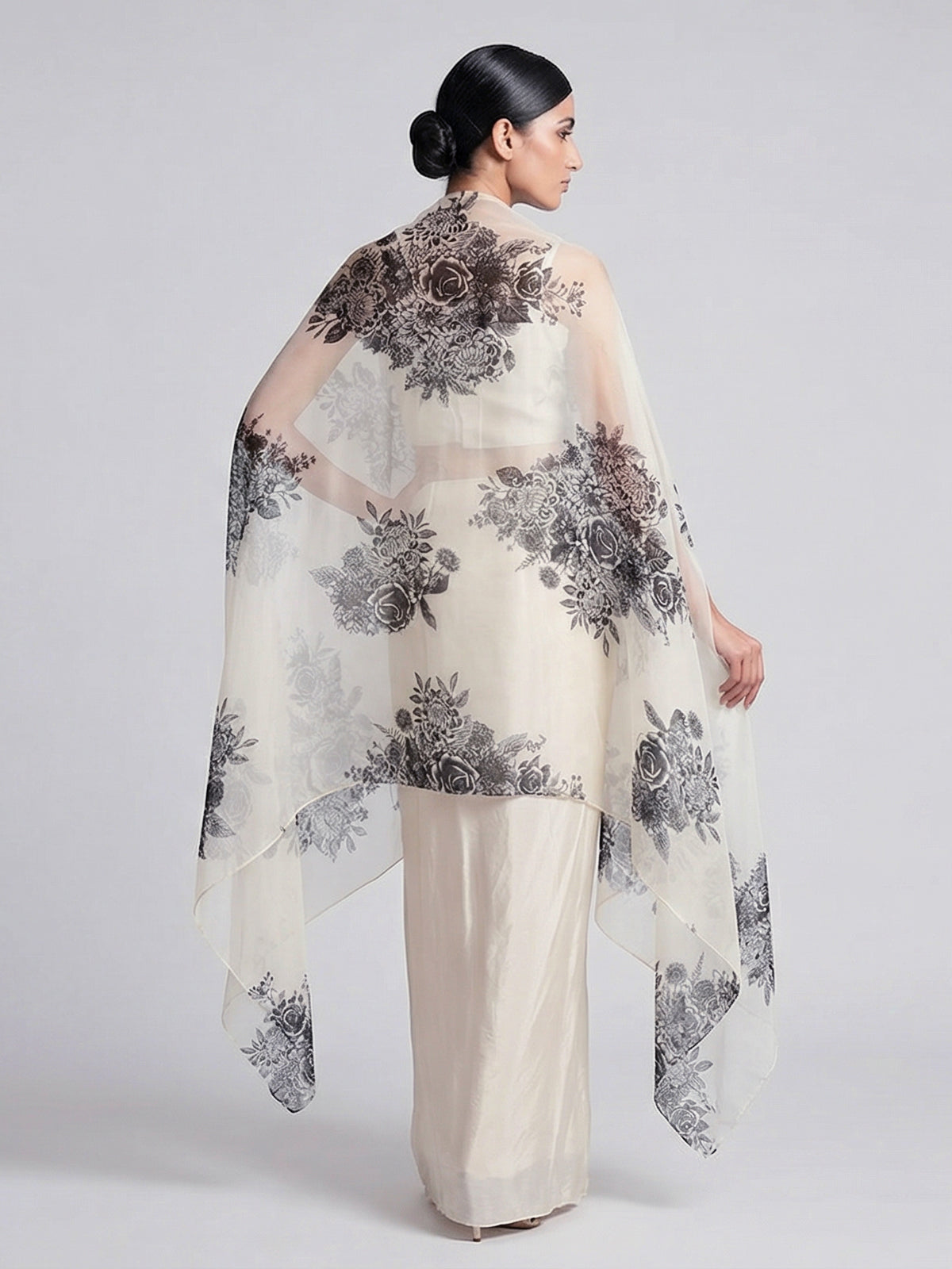 Cream silk indowestern suit with designer long shrug