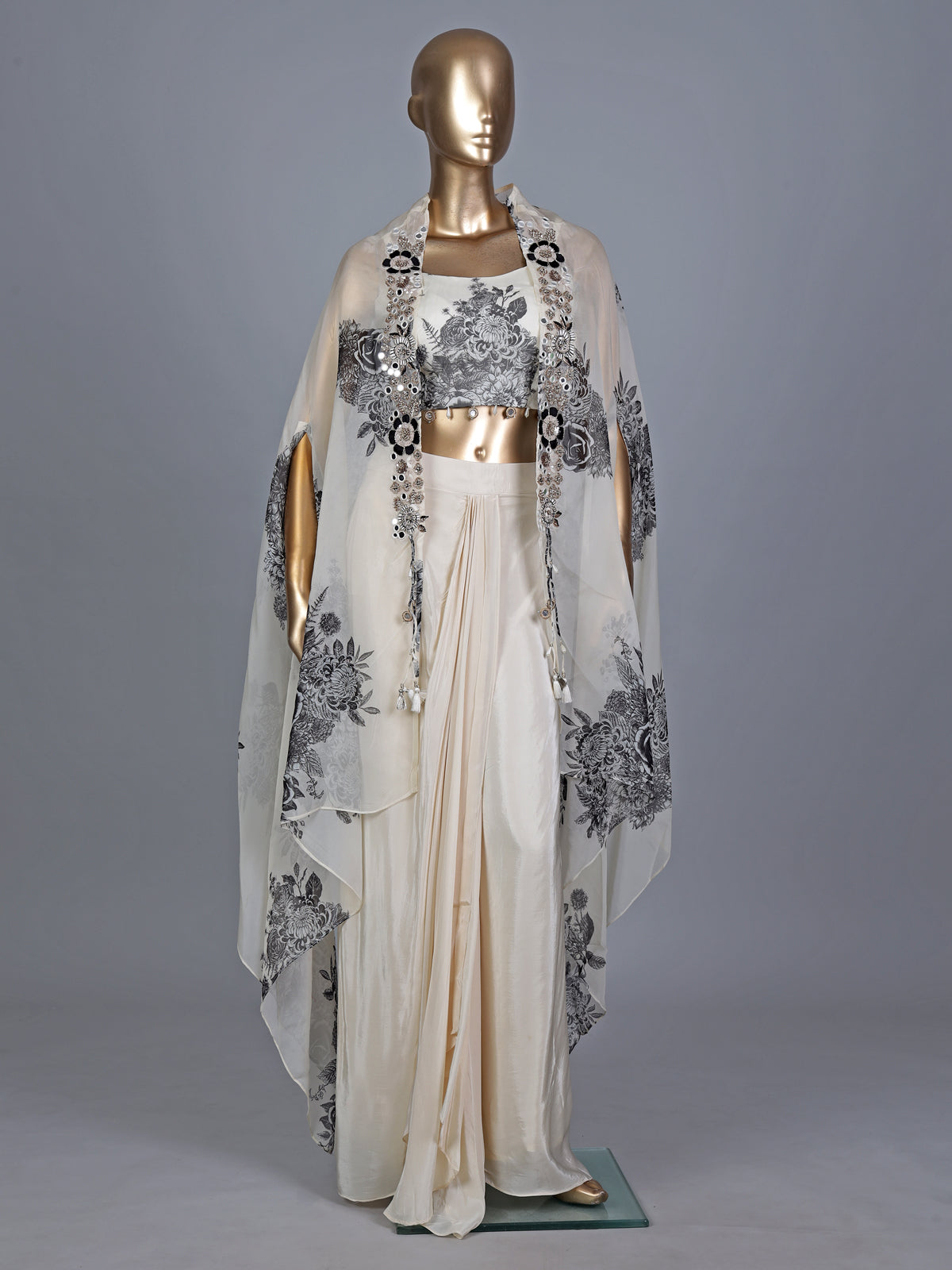 Cream silk indowestern suit with designer long shrug