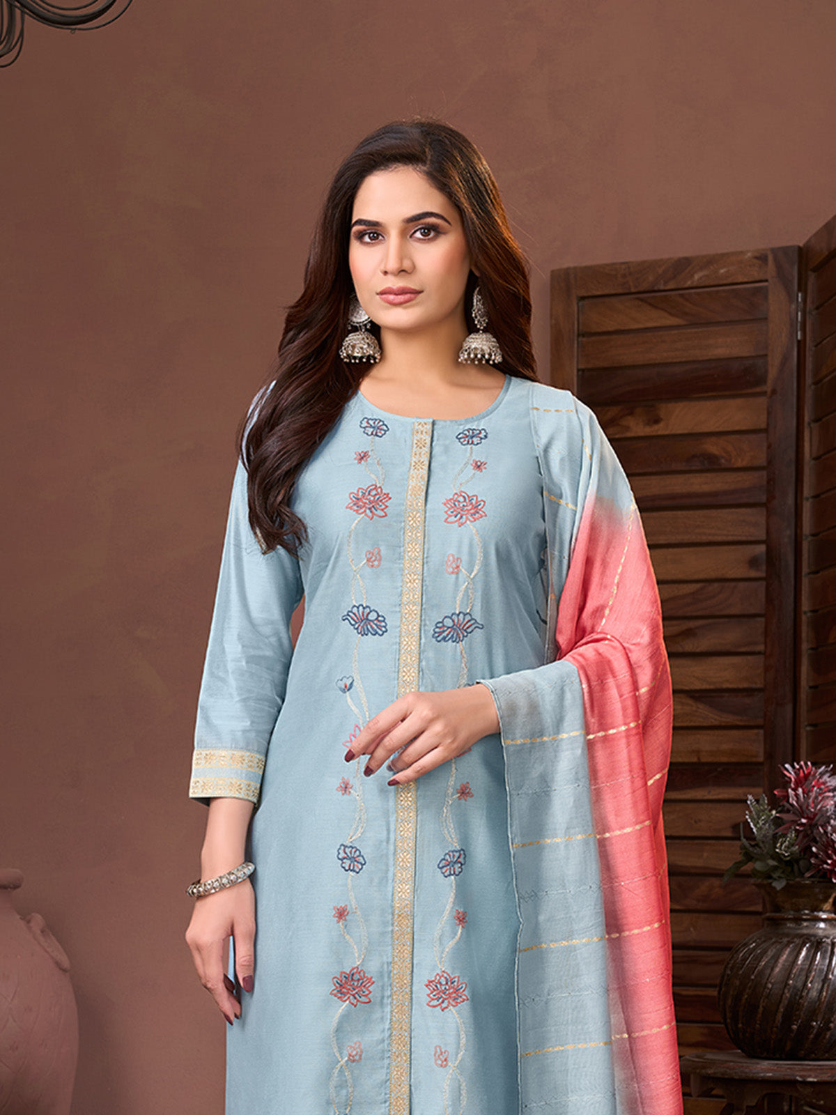 Sky blue silk embroidered festive salwar suit with dupatta