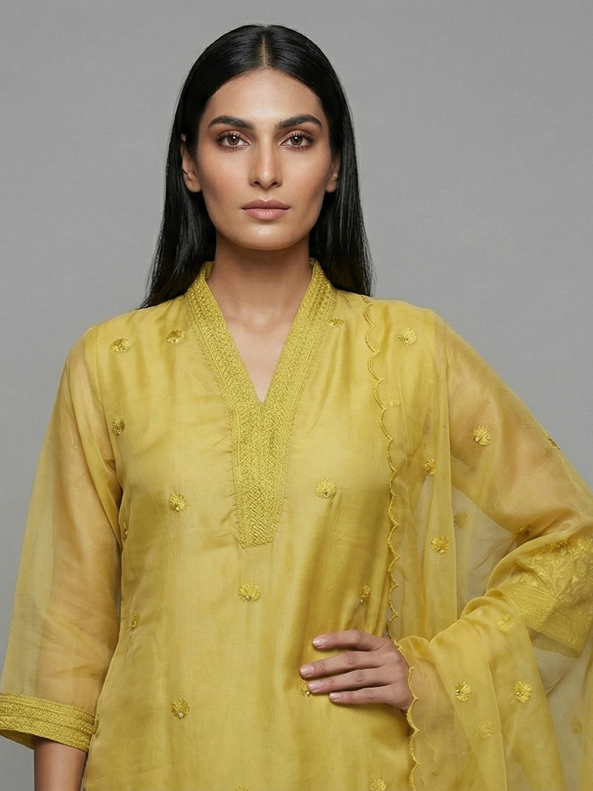 Mehendi yellow georgette kurti set festive elegance