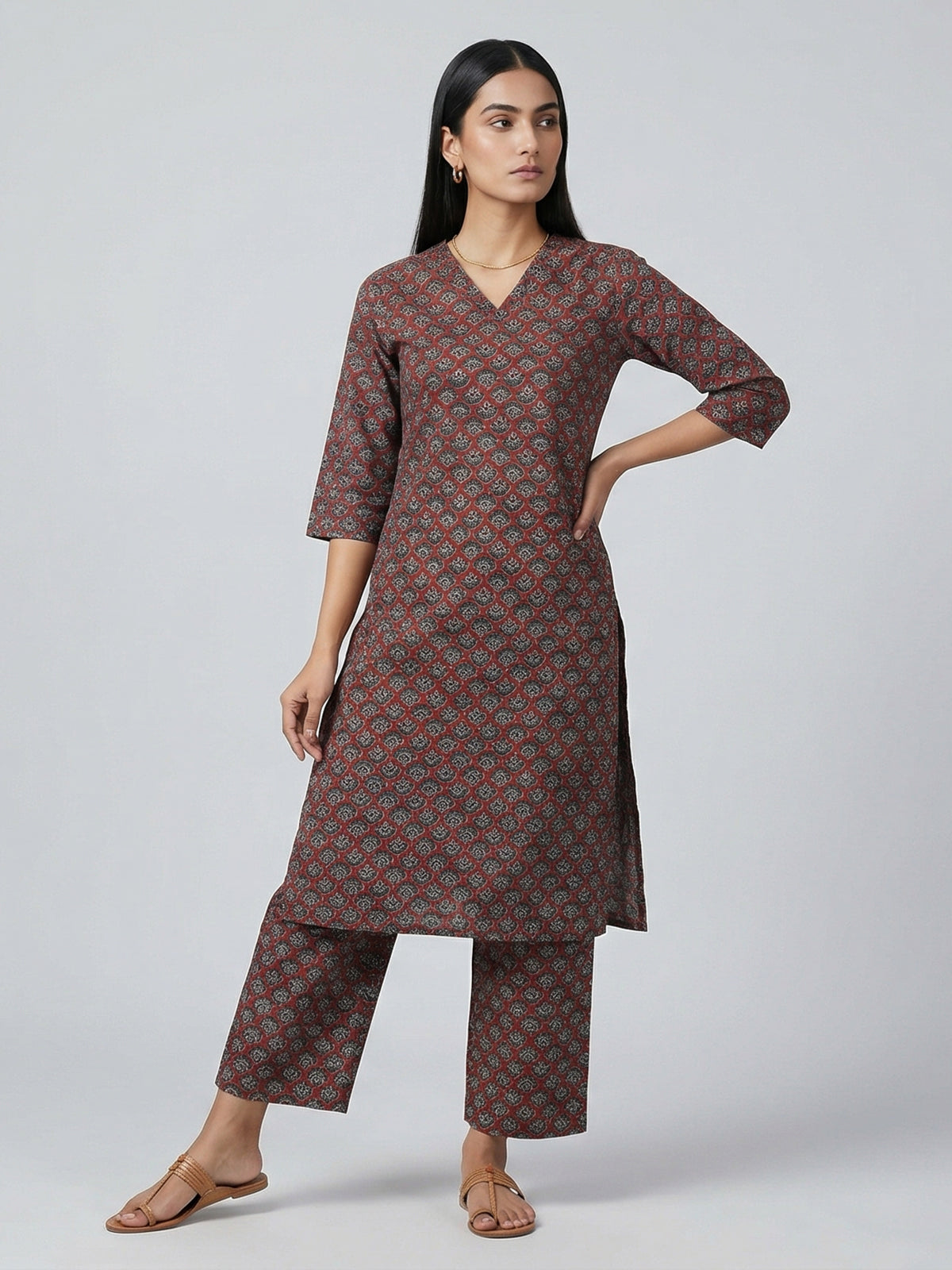 Maroon cotton printed kurti set casual ethnic charm
