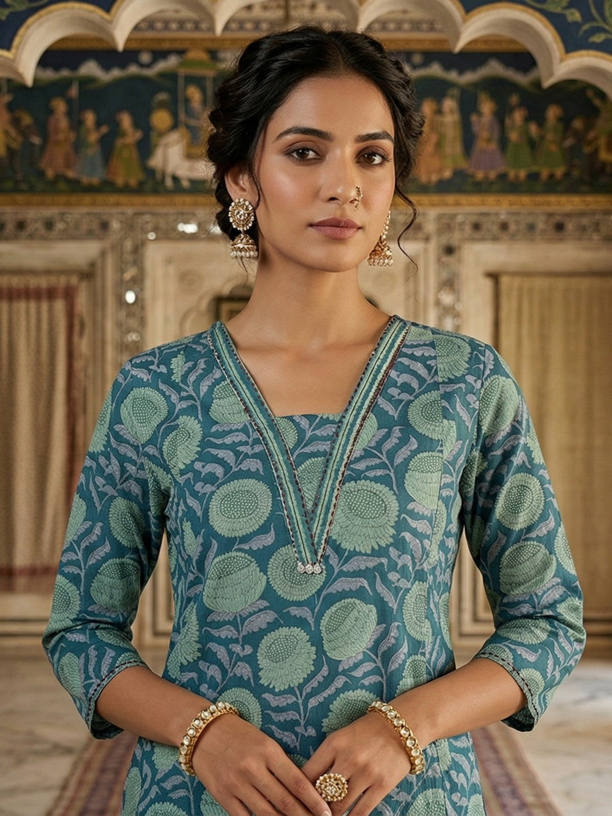 Blue cotton silk floral printed kurti set grace