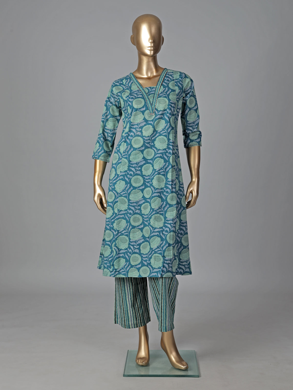 Blue cotton silk floral printed kurti set grace