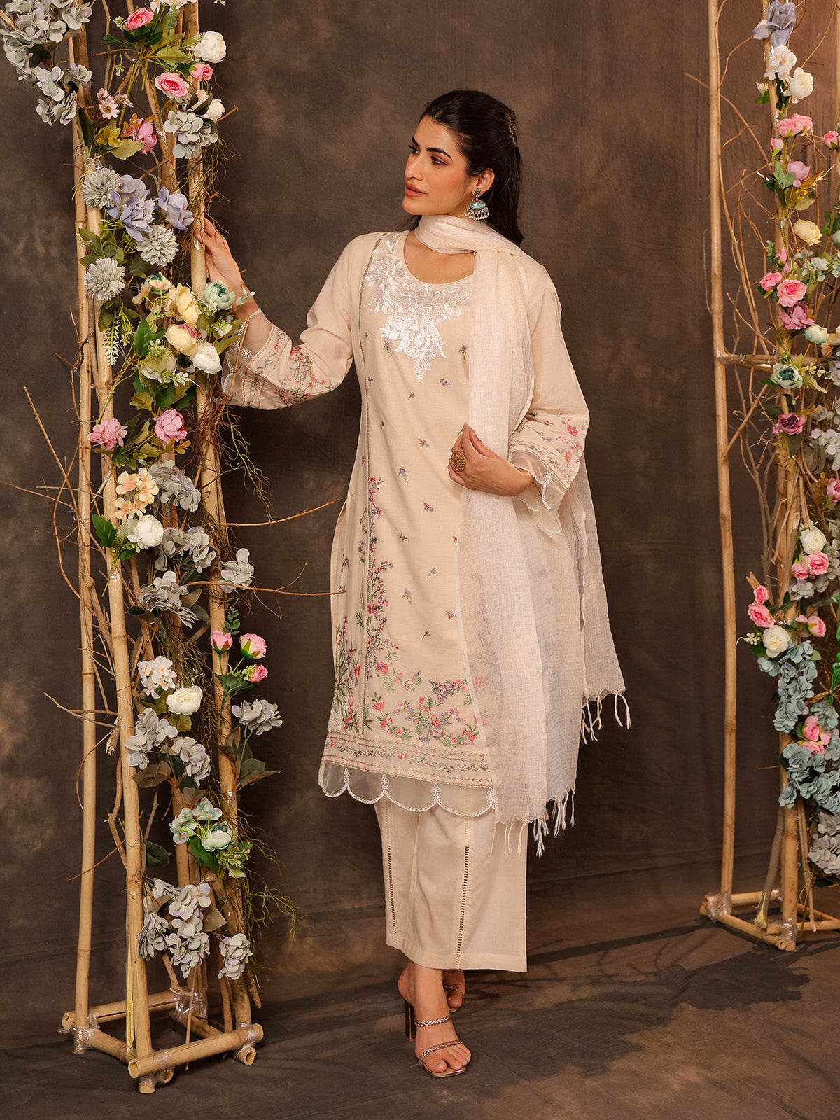 Beige cotton straight cut kurti set