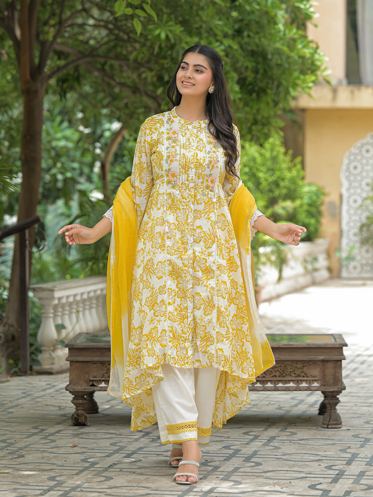 White cotton kurti set with pink floral print