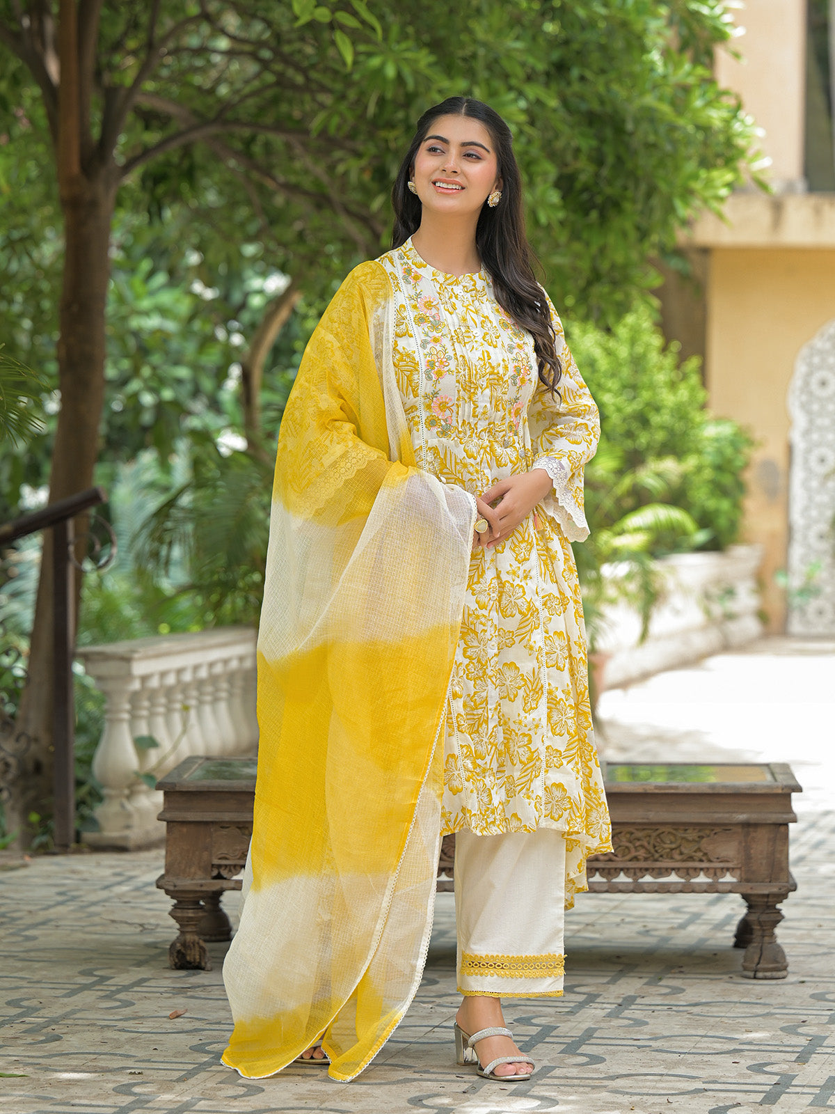 White cotton kurti set with pink floral print