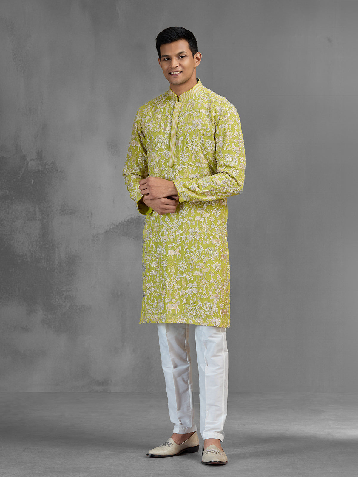 Lime green silk men kurta suit with zardosi