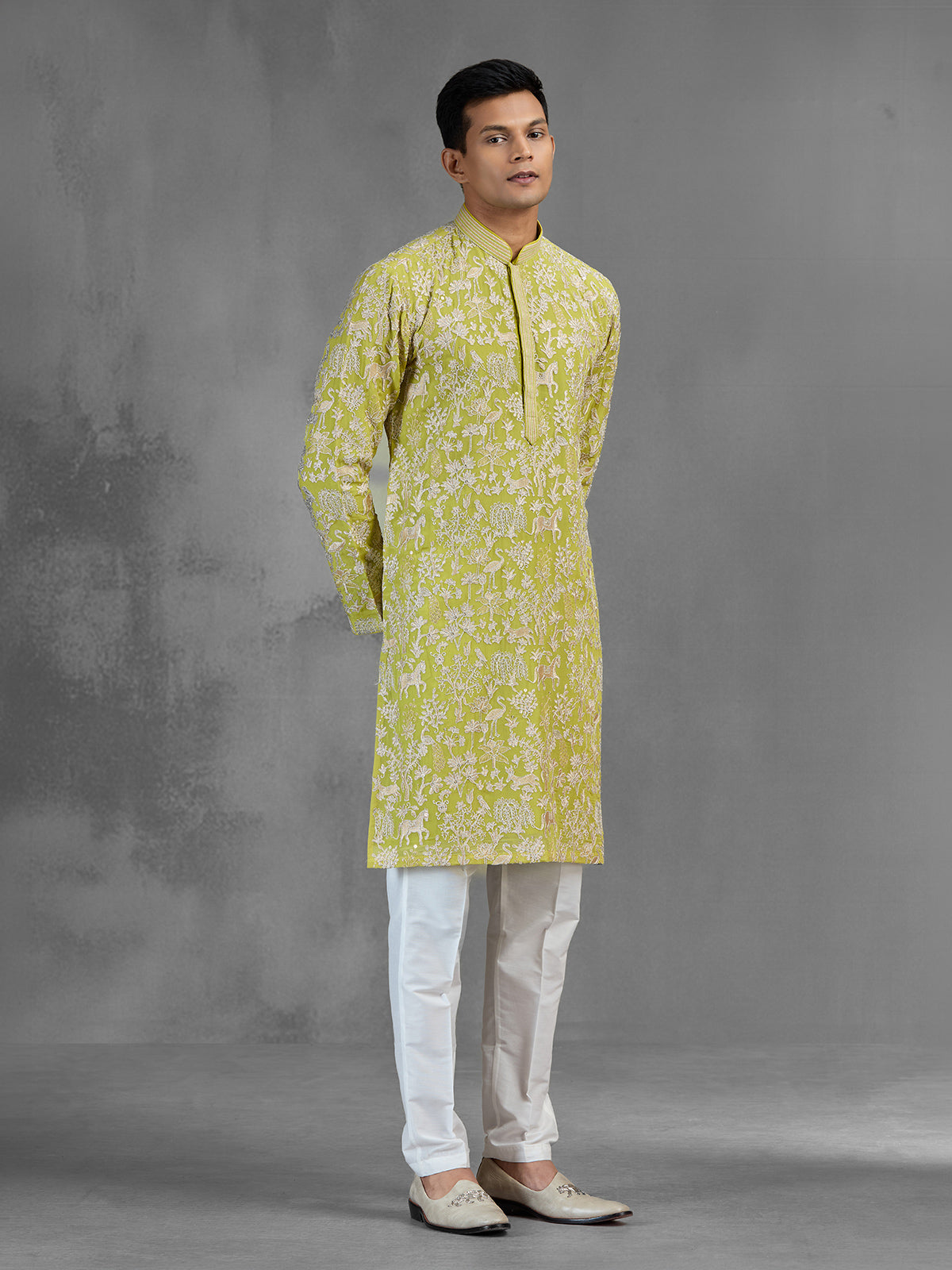 Lime green silk men kurta suit with zardosi