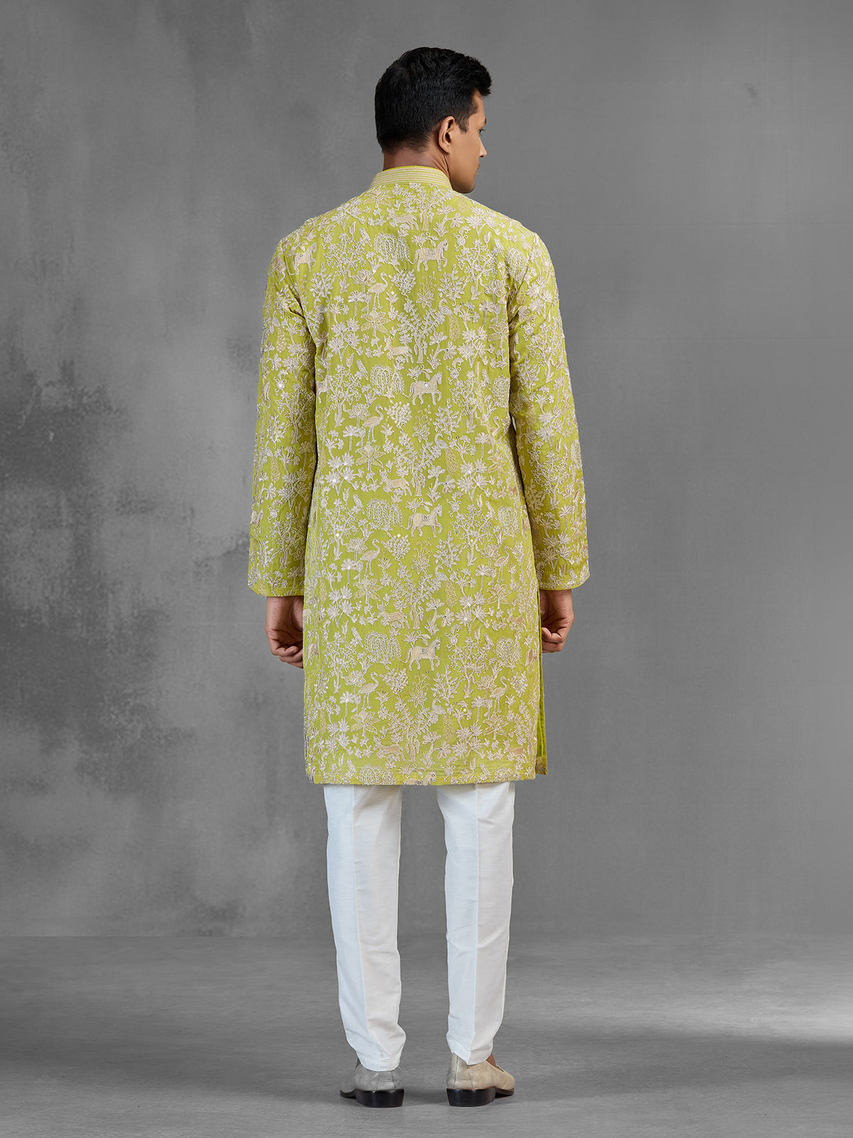 Lime green silk men kurta suit with zardosi