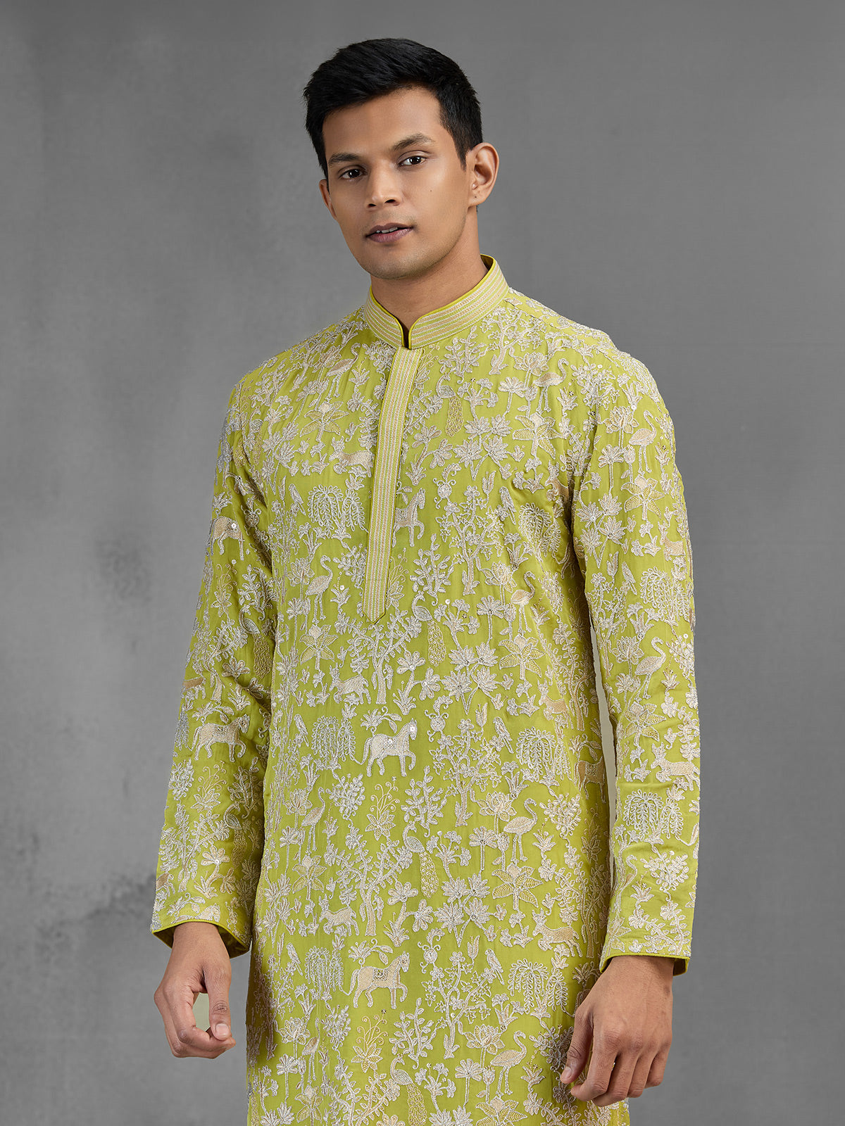 Lime green silk men kurta suit with zardosi