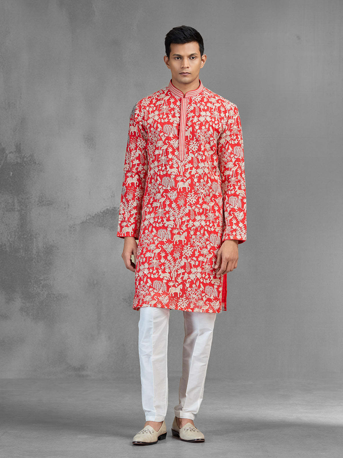 Red silk festive men kurta suit with embroidery