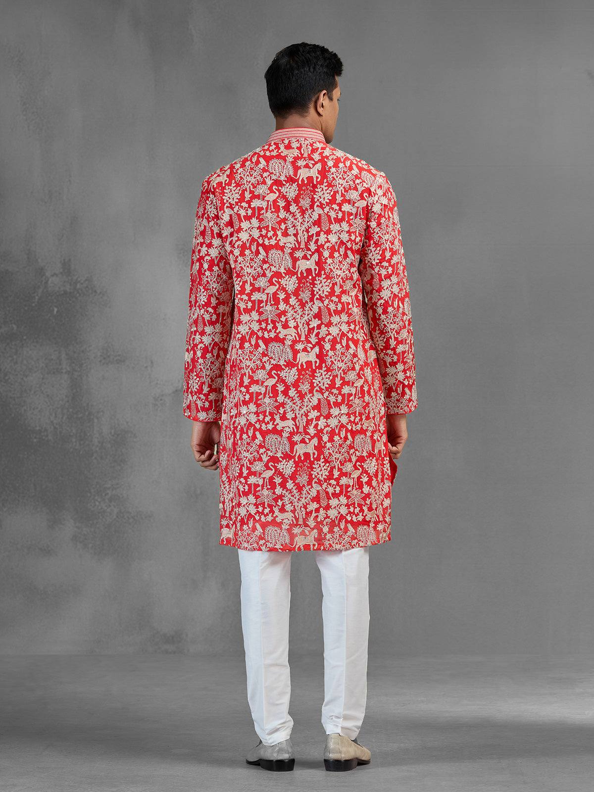 Red silk festive men kurta suit with embroidery