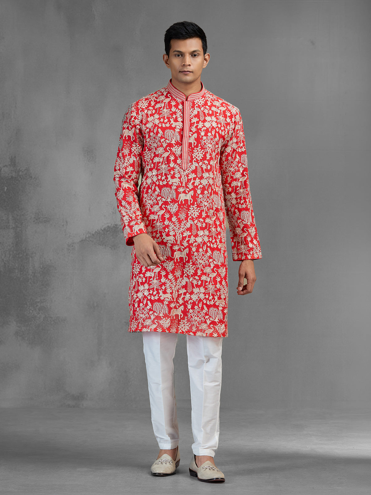 Red silk festive men kurta suit with embroidery