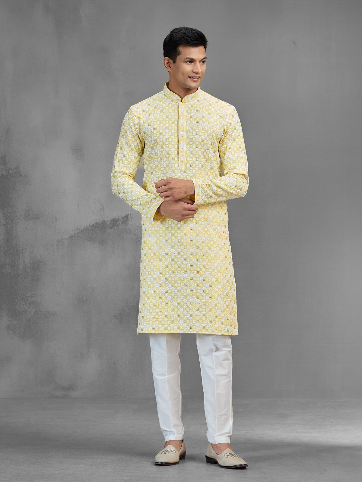 Yellow cotton men kurta suit chikankari festive style