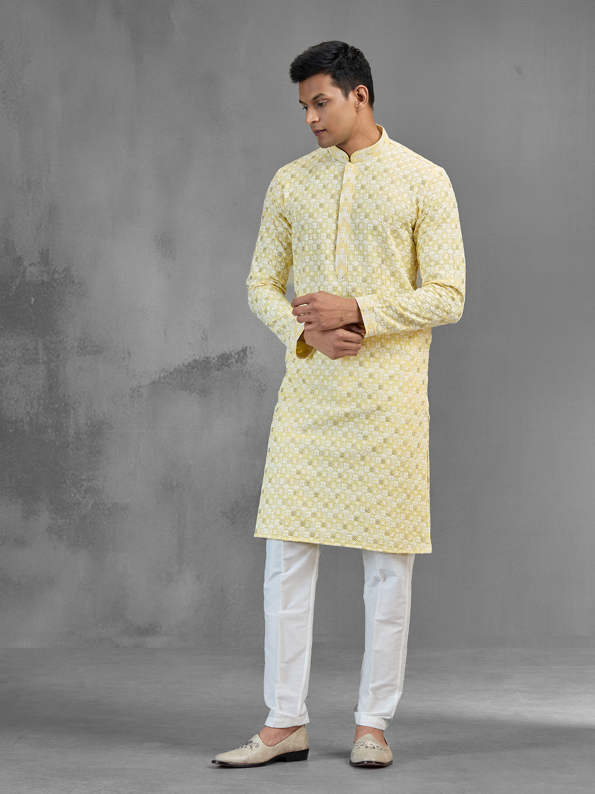 Yellow cotton men kurta suit chikankari festive style