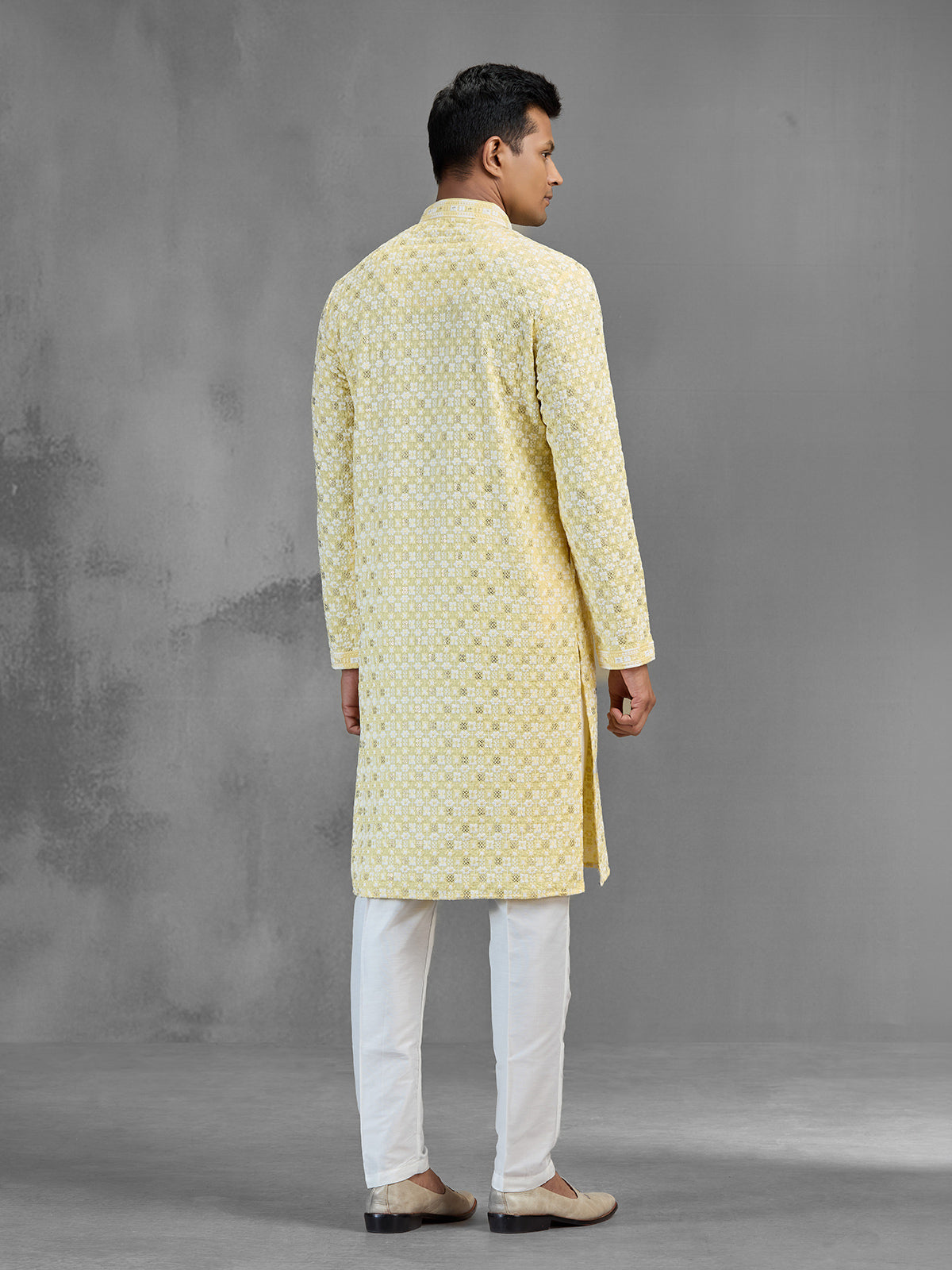 Yellow cotton men kurta suit chikankari festive style
