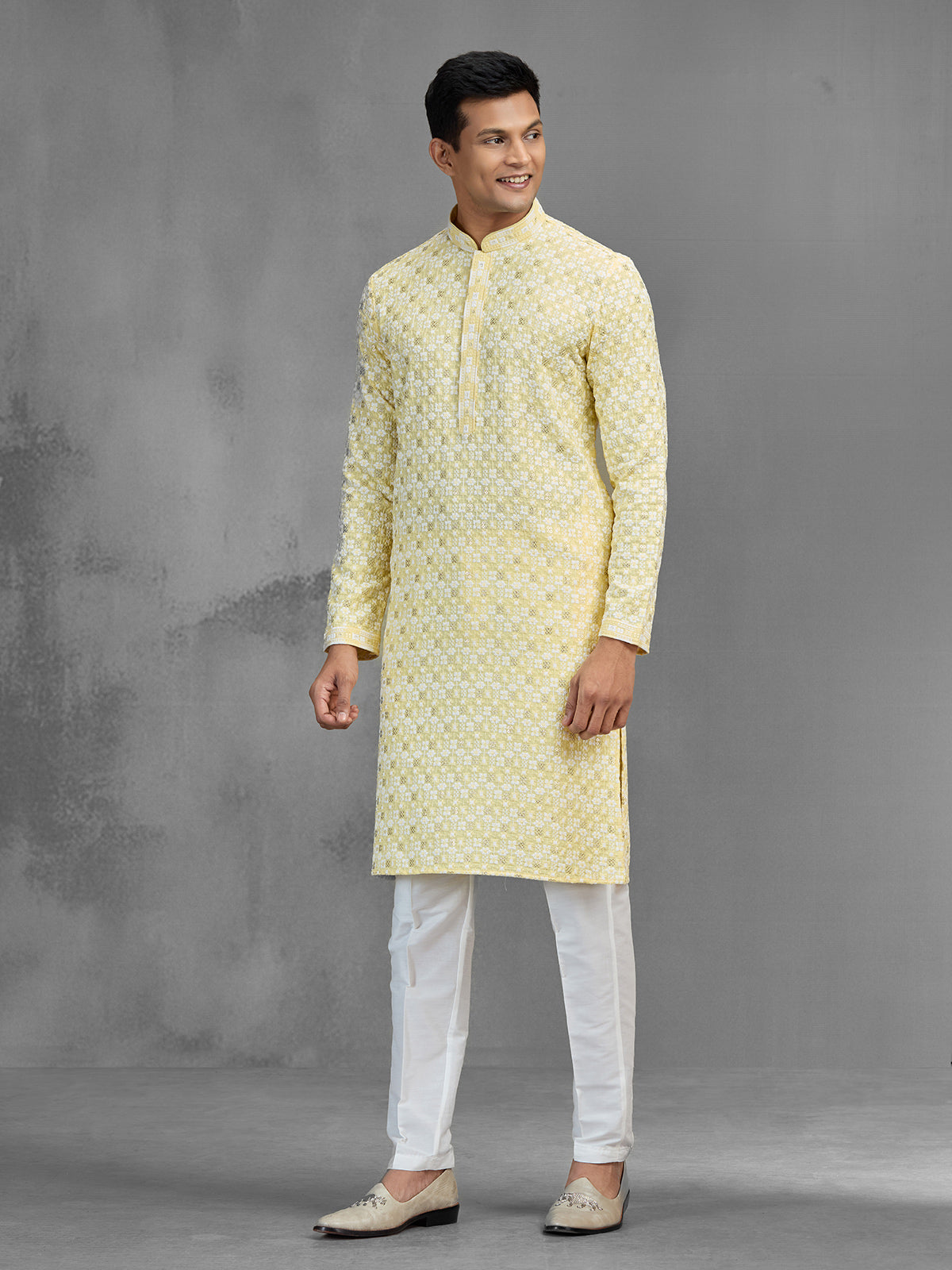 Yellow cotton men kurta suit chikankari festive style