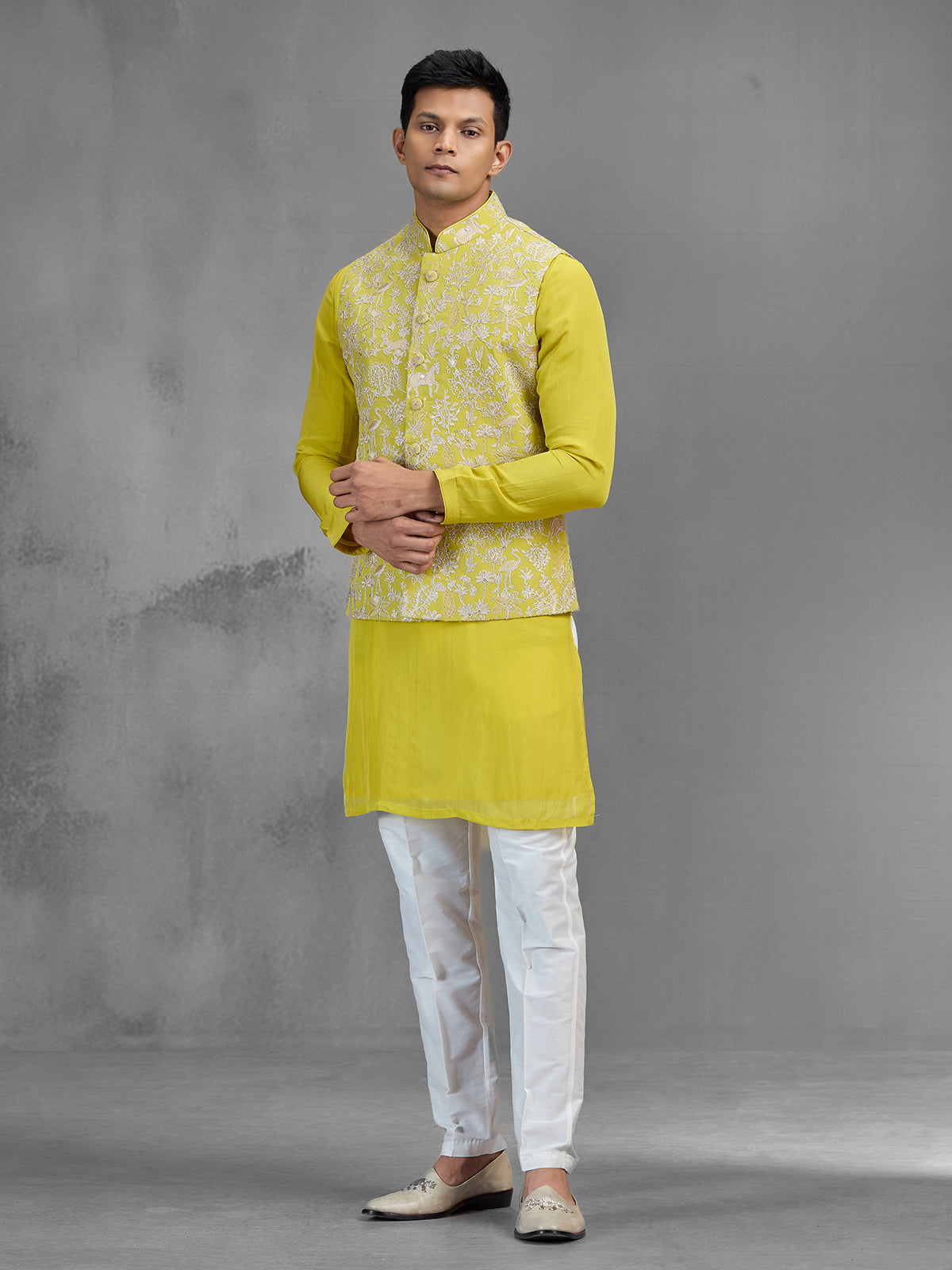 Lime green jacquard silk ethnic mens waistcoat set