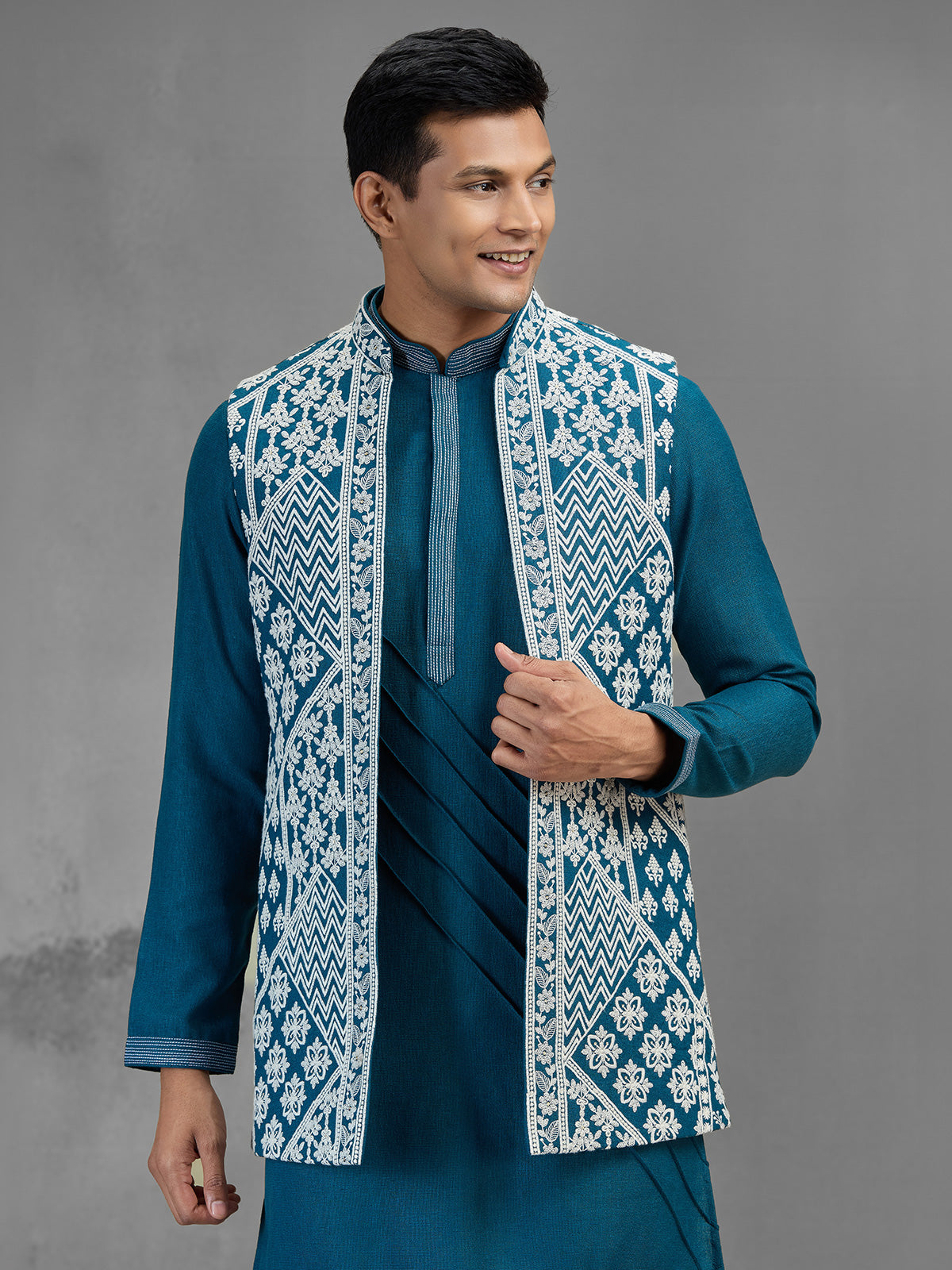 Teal blue art silk geometric mens waistcoat set