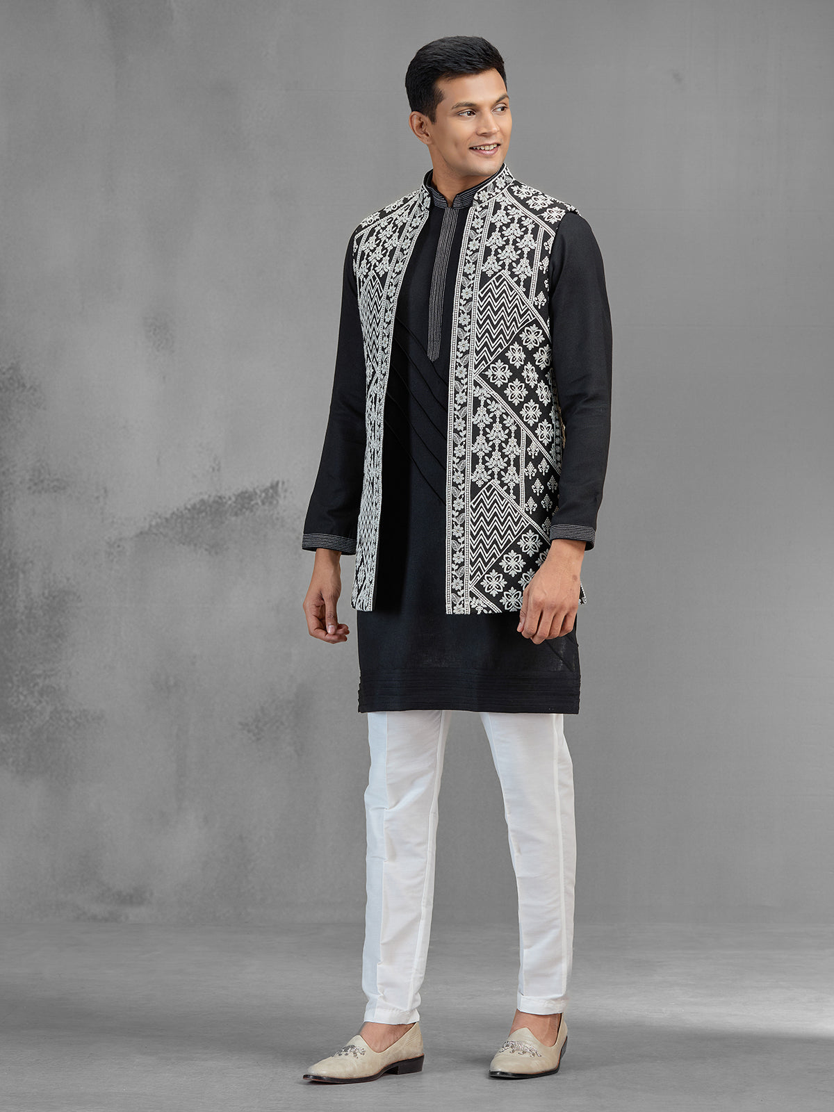 Black art silk embroidered mens waistcoat set for men