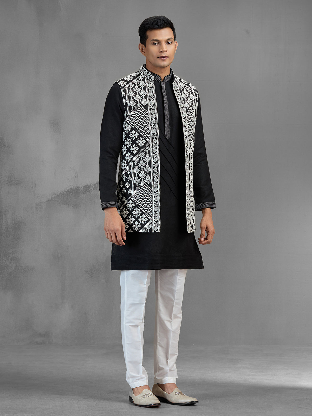 Black art silk embroidered mens waistcoat set for men