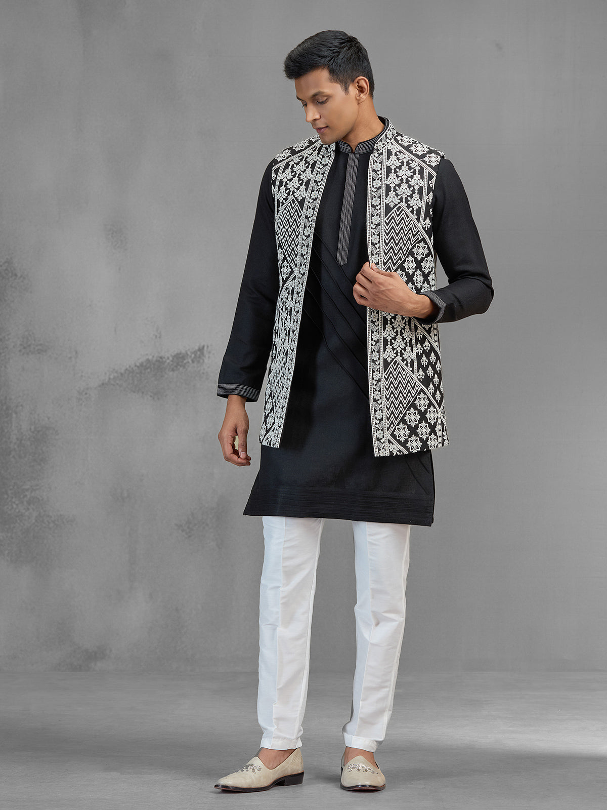 Black art silk embroidered mens waistcoat set for men
