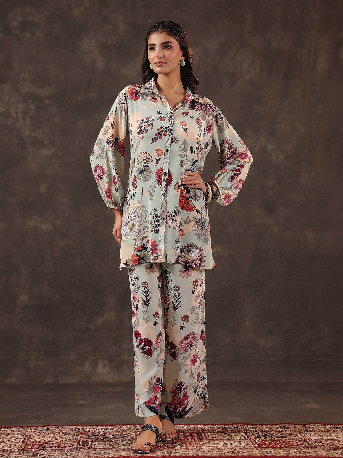 Mint green viscose crepe printed women co ord set
