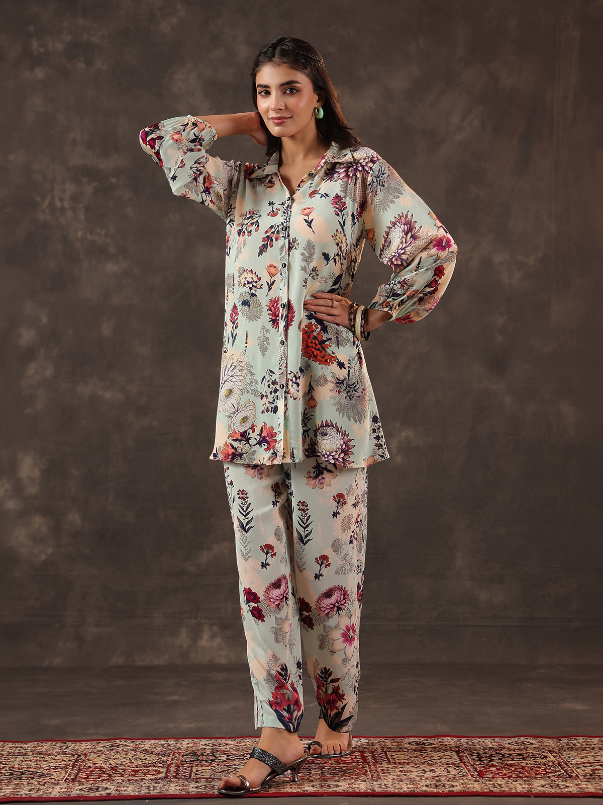 Mint green viscose crepe printed women co ord set