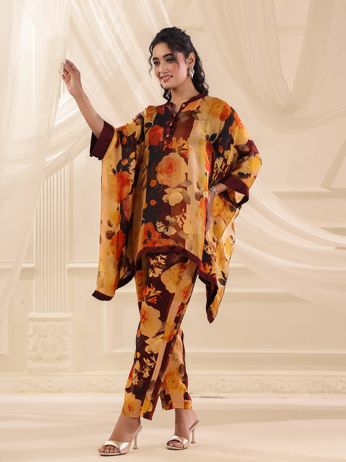 Yellow brown satin floral kaftan style co ord set