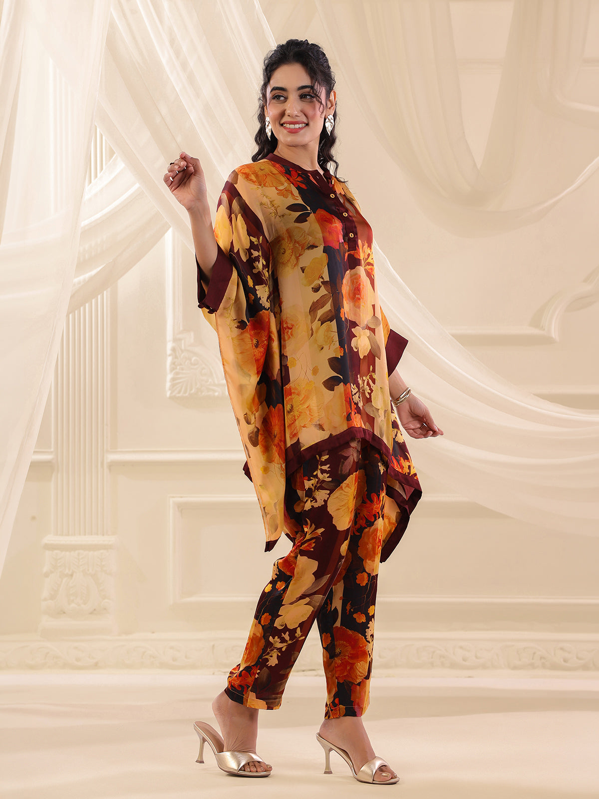 Yellow brown satin floral kaftan style co ord set