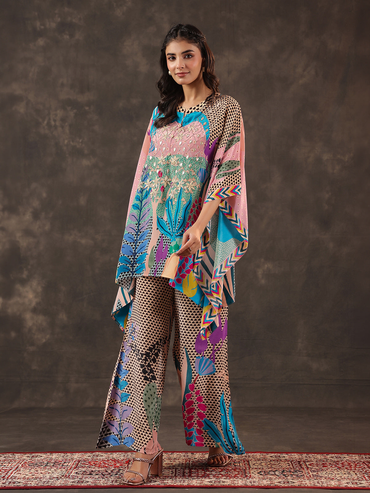 Light pink viscose crepe embellished kaftan style co ord set