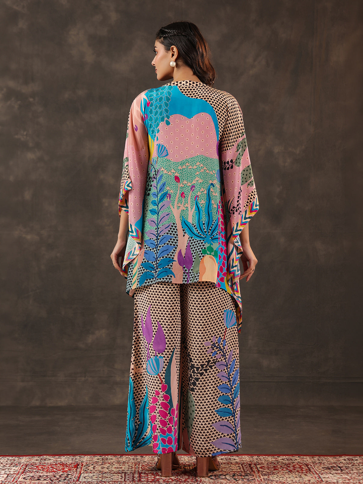 Light pink viscose crepe embellished kaftan style co ord set